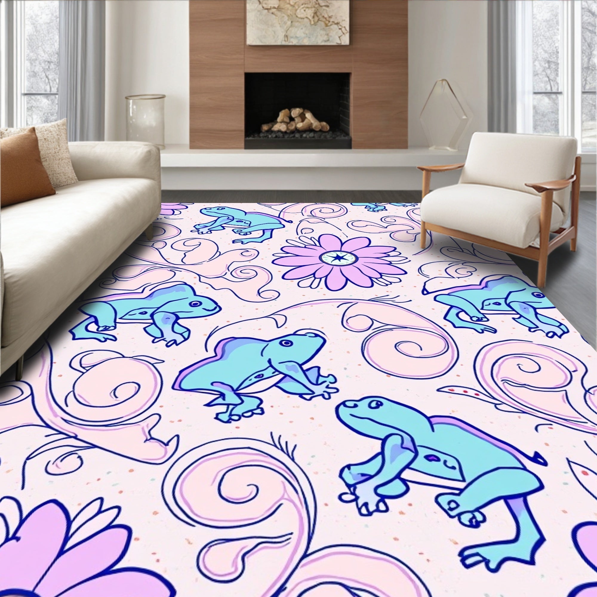 Whimsical Frogs Floral Swirls Pattern Rug