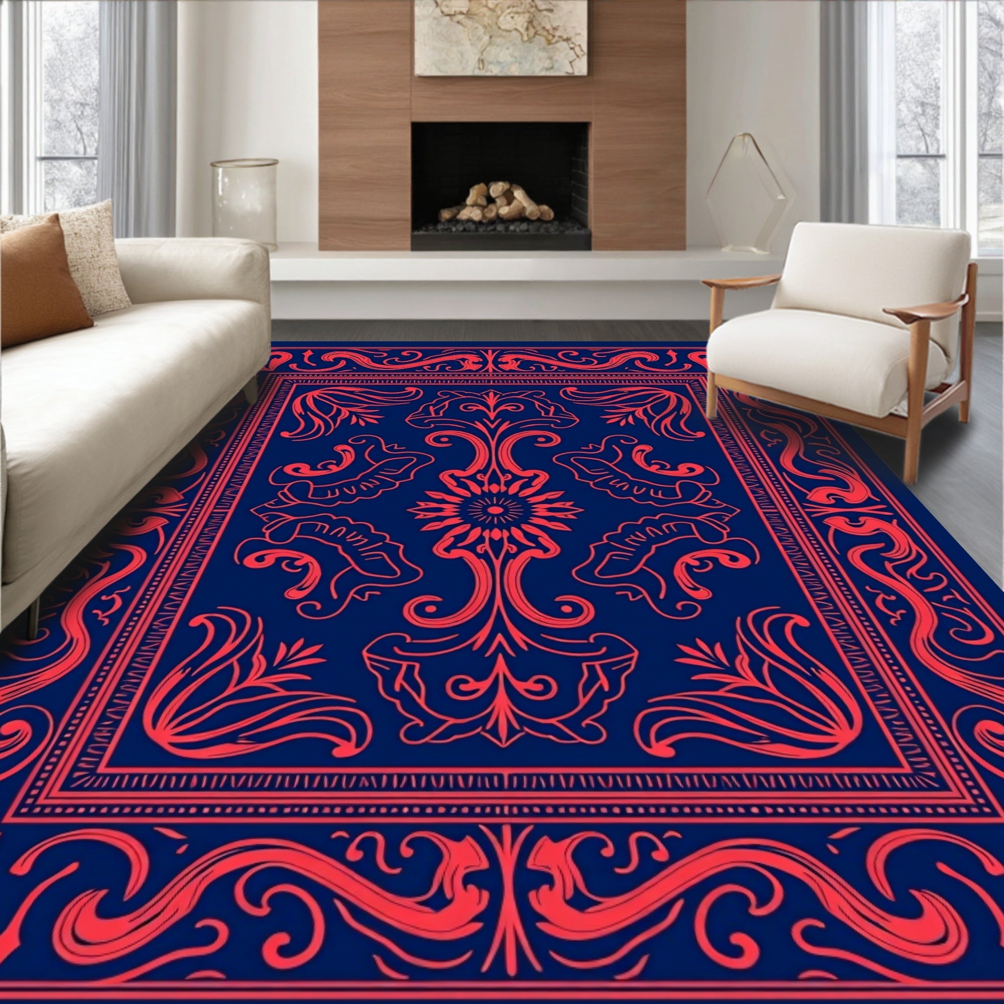 Classic Red Floral Ornate Print Rug