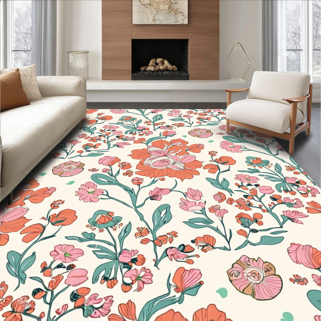 Coral Pink Floral Vine Pattern Rug