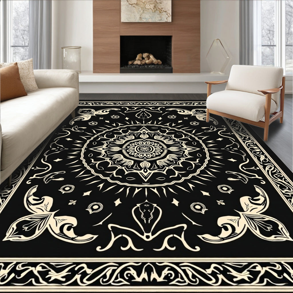 Mandala Floral Cream Black Rug