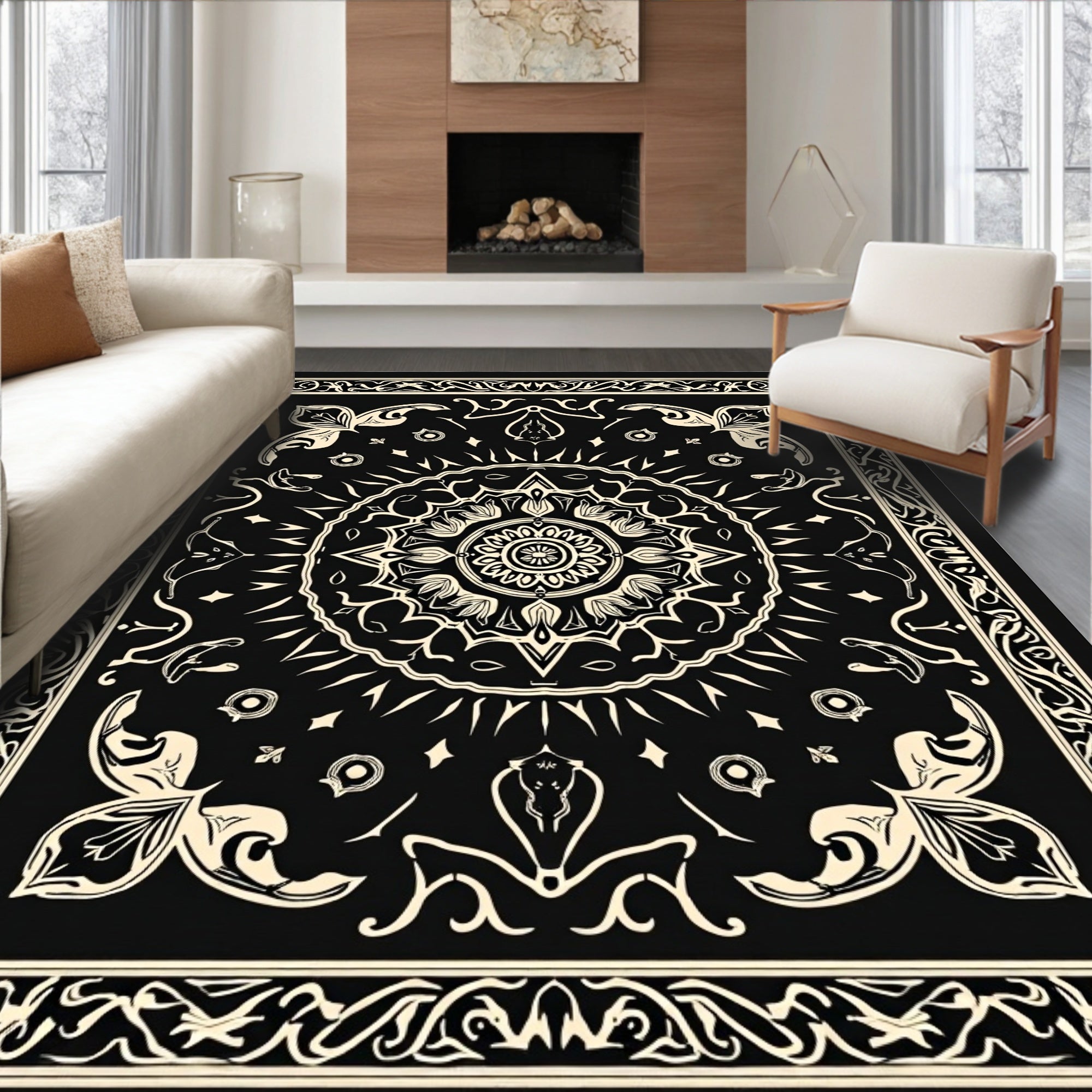 Mandala Floral Cream Black Rug