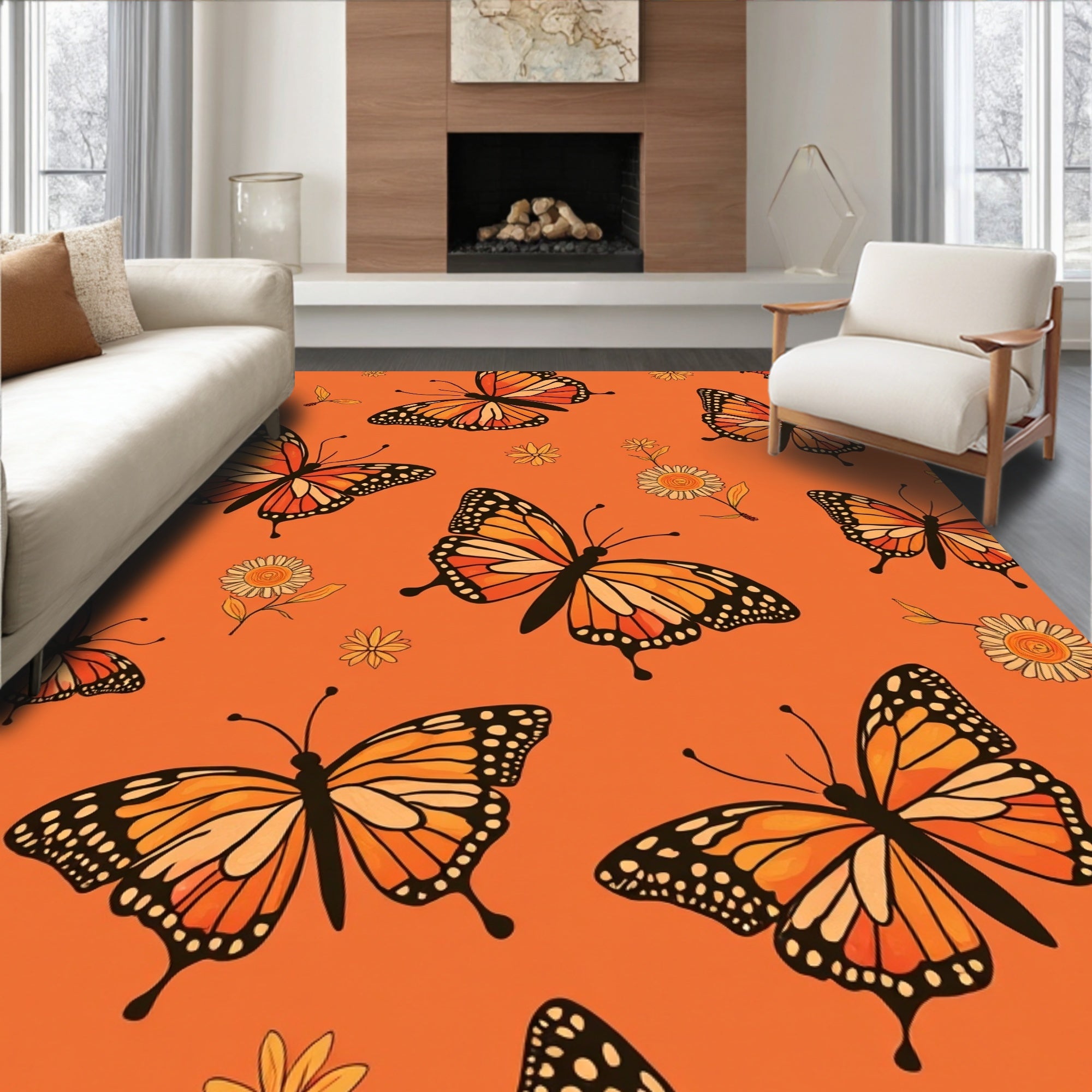 Orange Monarch Butterfly Floral Pattern Rug