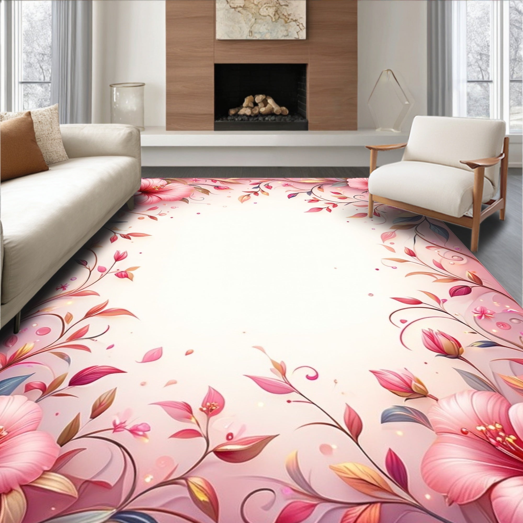 Whimsical Pink Floral Vine Design Rug