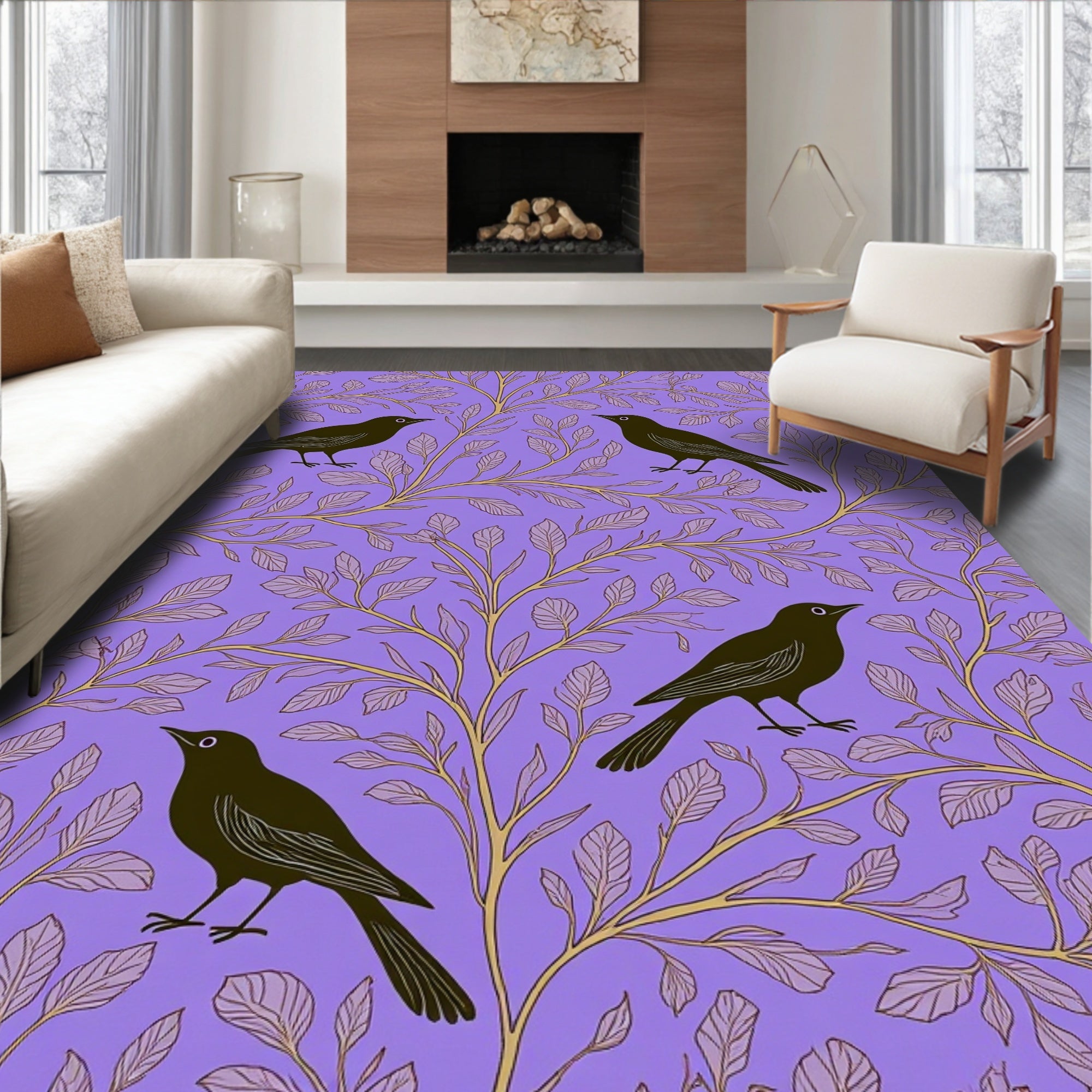 Black Birds on Lavender Branches Rug