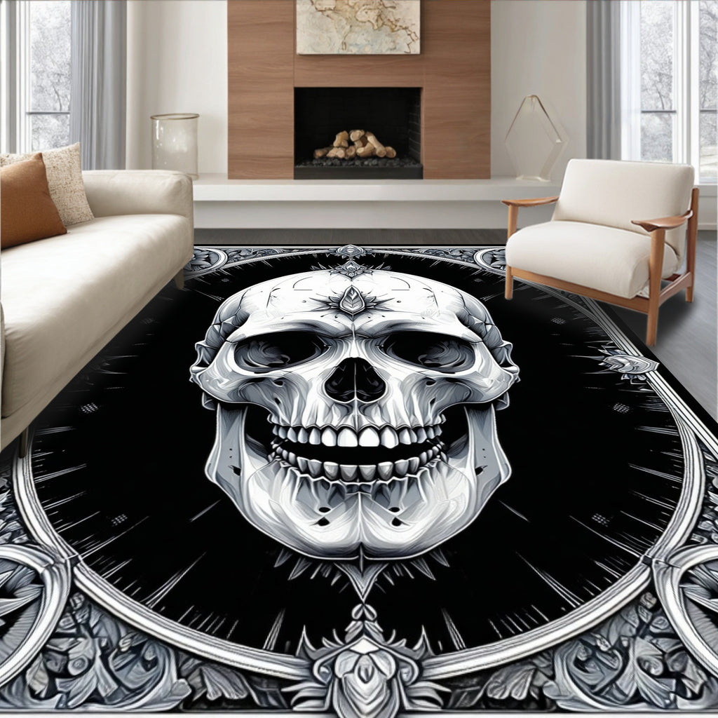 Ornate Black White Skull Rug