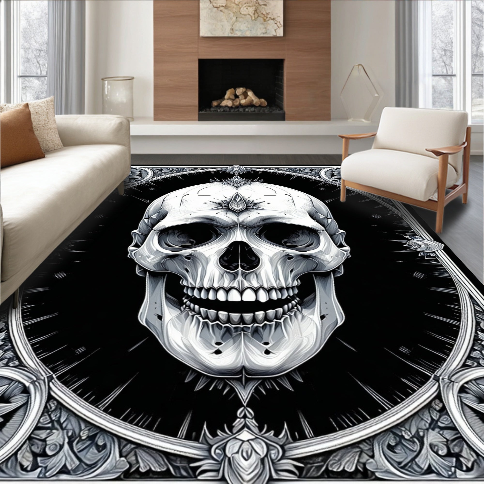 Ornate Black White Skull Rug