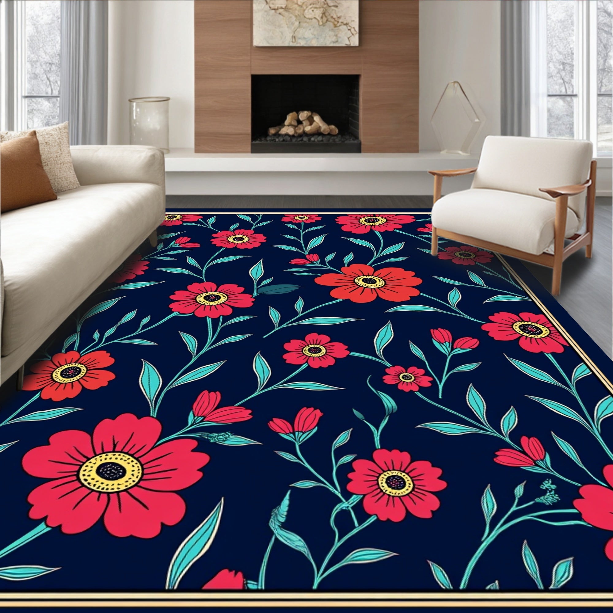 Floral Vine Dark Blue Pattern Rug