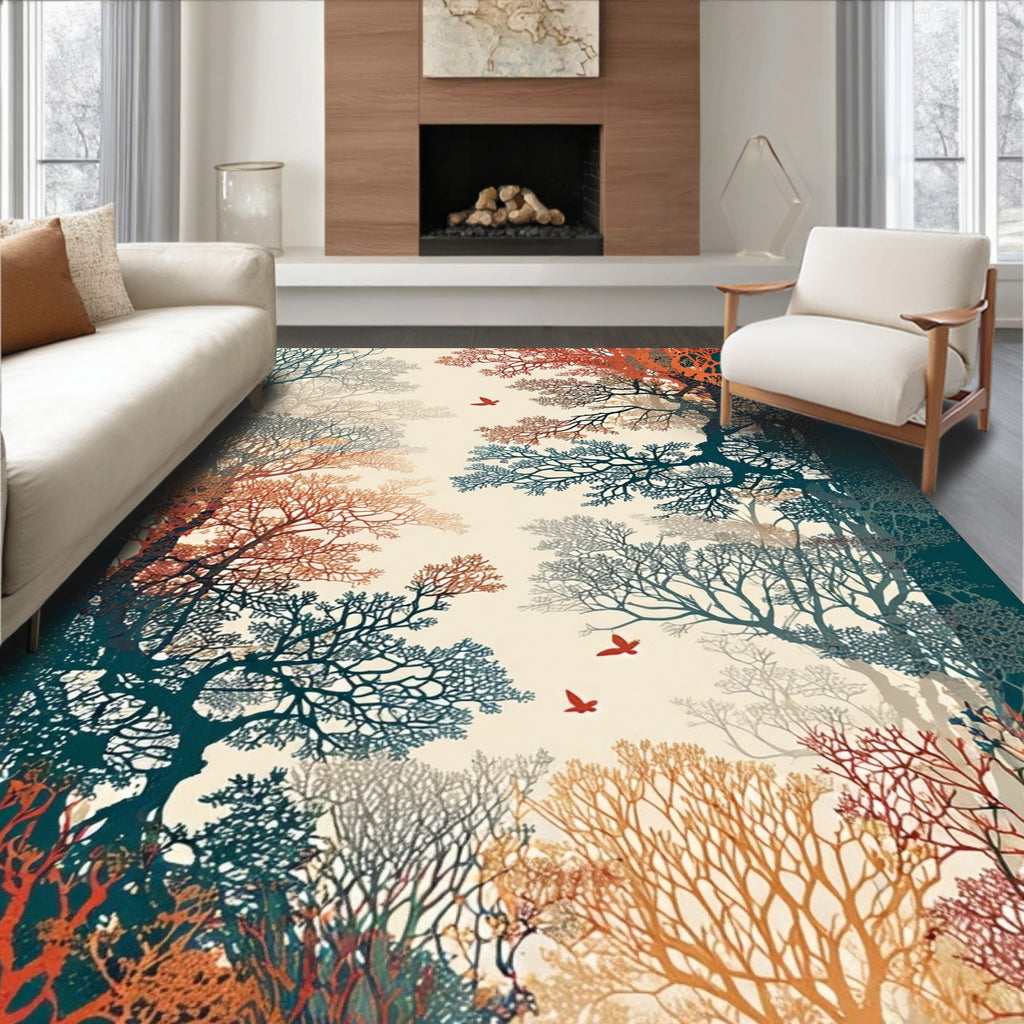 Autumn Forest With Flying Birds Pattern Rug