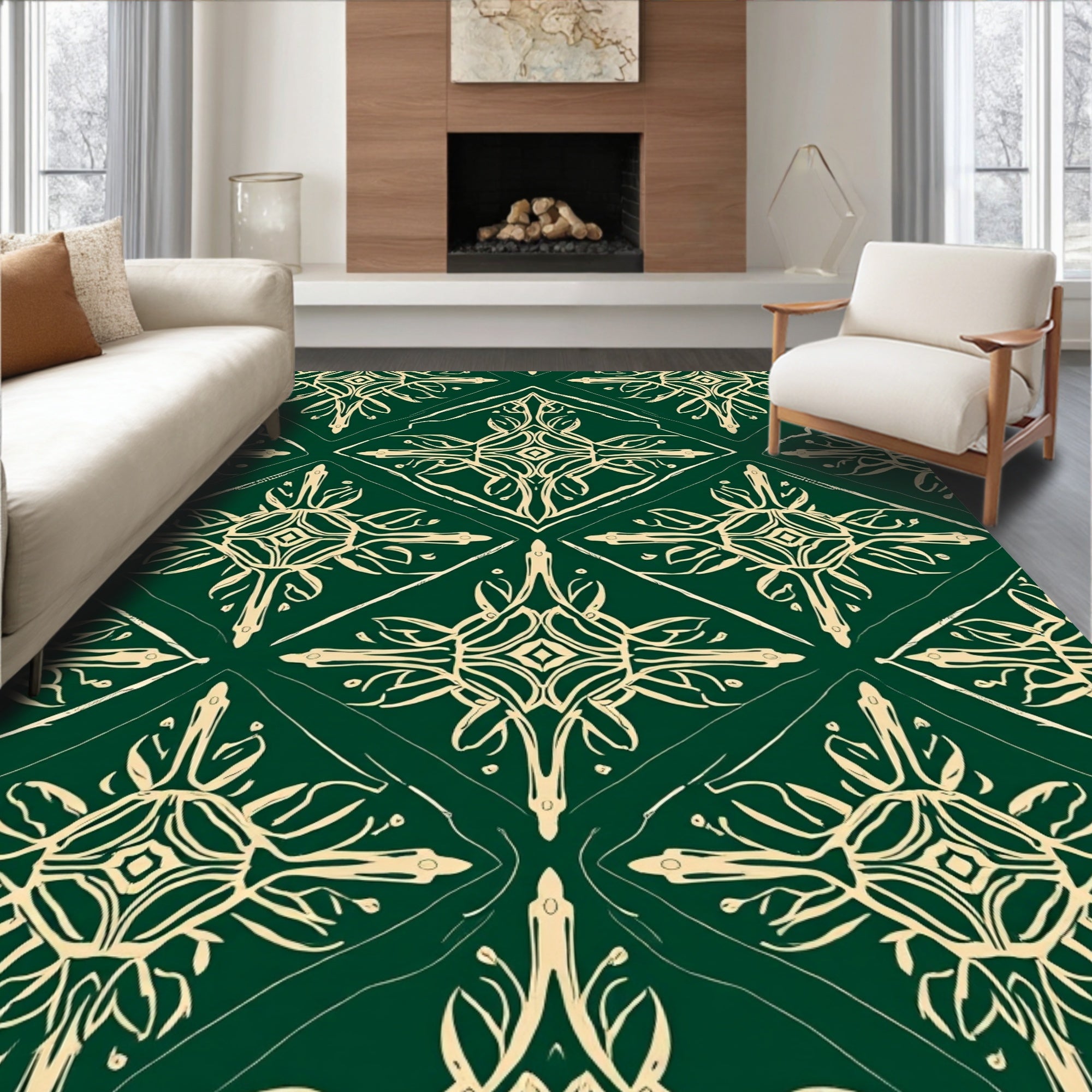 Vintage Green Cream Ornamental Design Rug