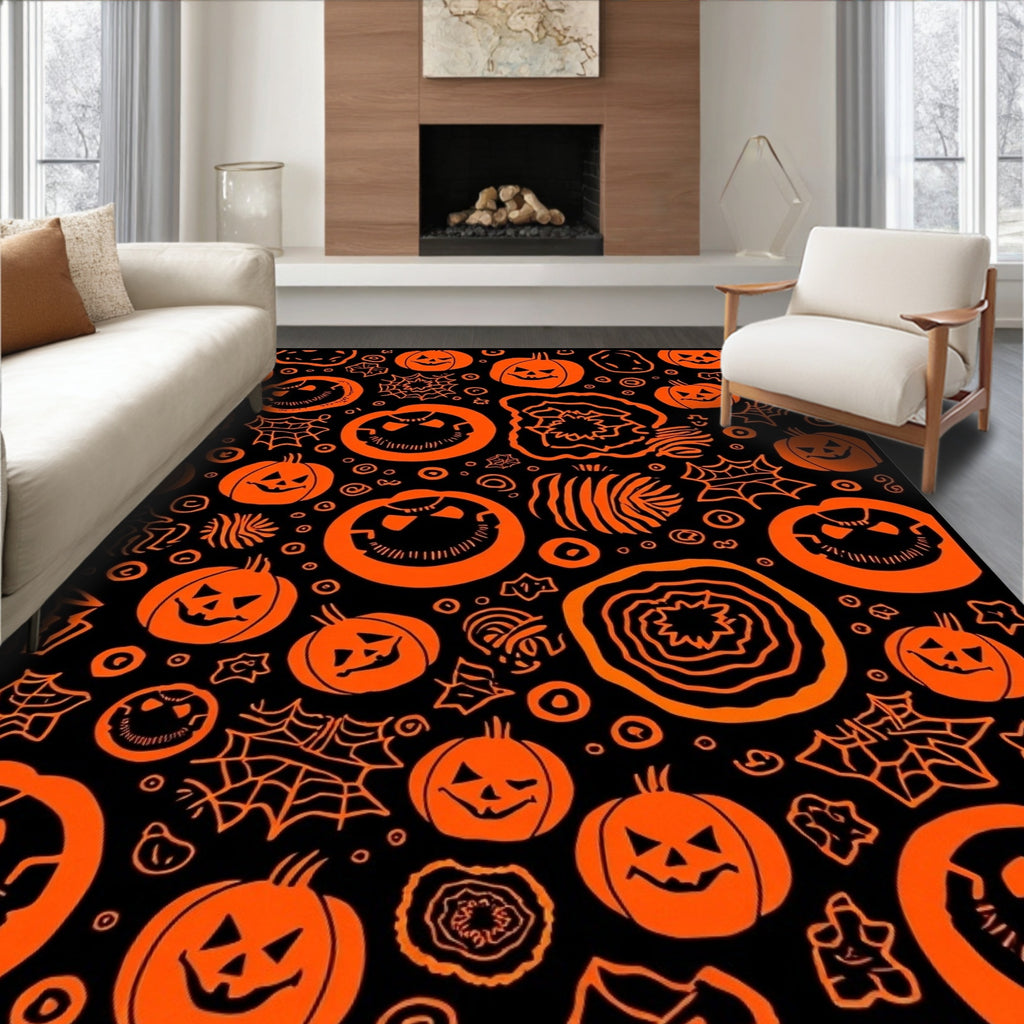 Orange Pumpkin Spider Web Halloween Pattern Rug