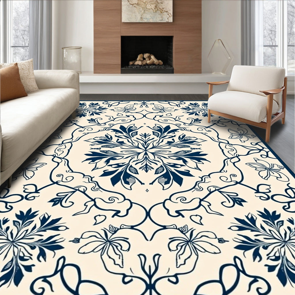 Dark Blue Floral Scroll Pattern Rug