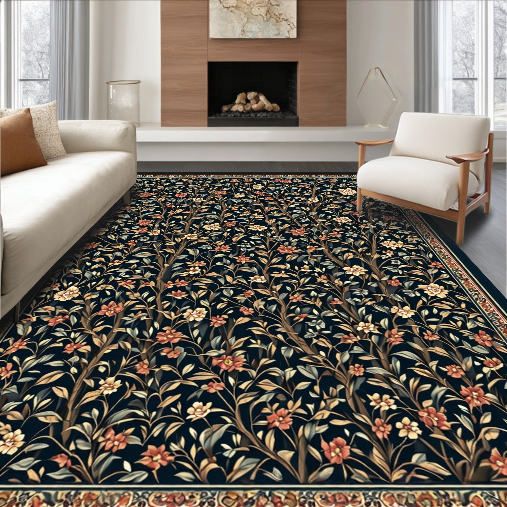 Dark Floral Tree Vine Pattern Rug