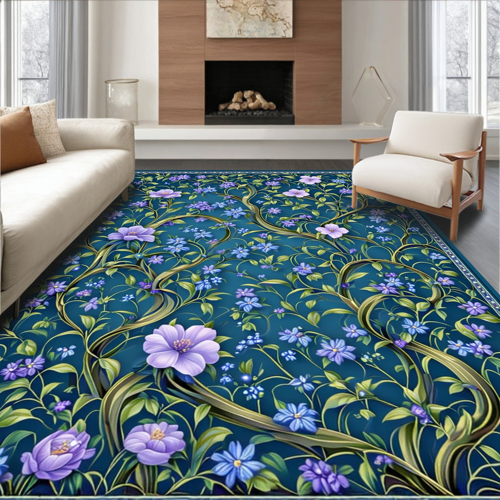 Blue Floral Vine Patterned Rug