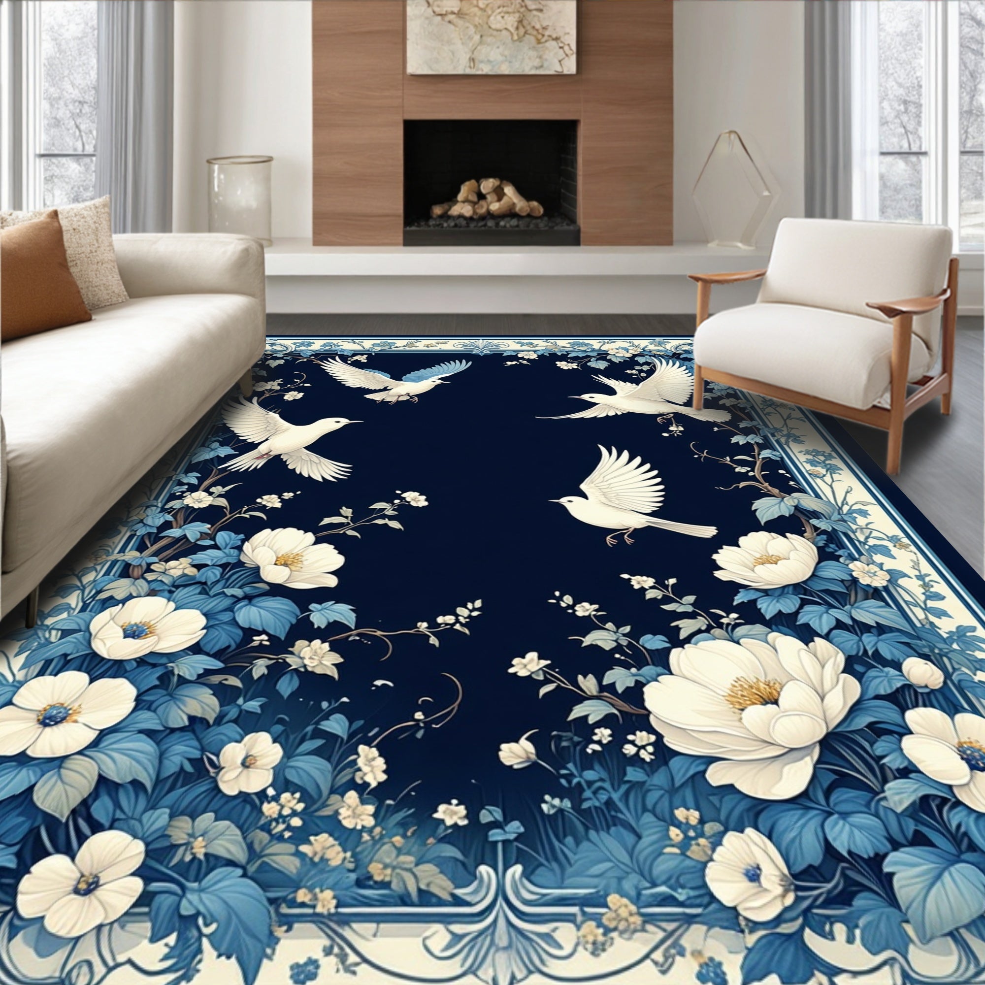 White Birds and White Blossoms Rug