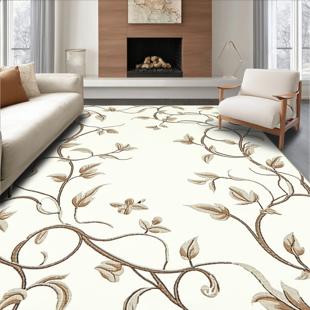 Delicate Floral Swirls Beige Design Rug