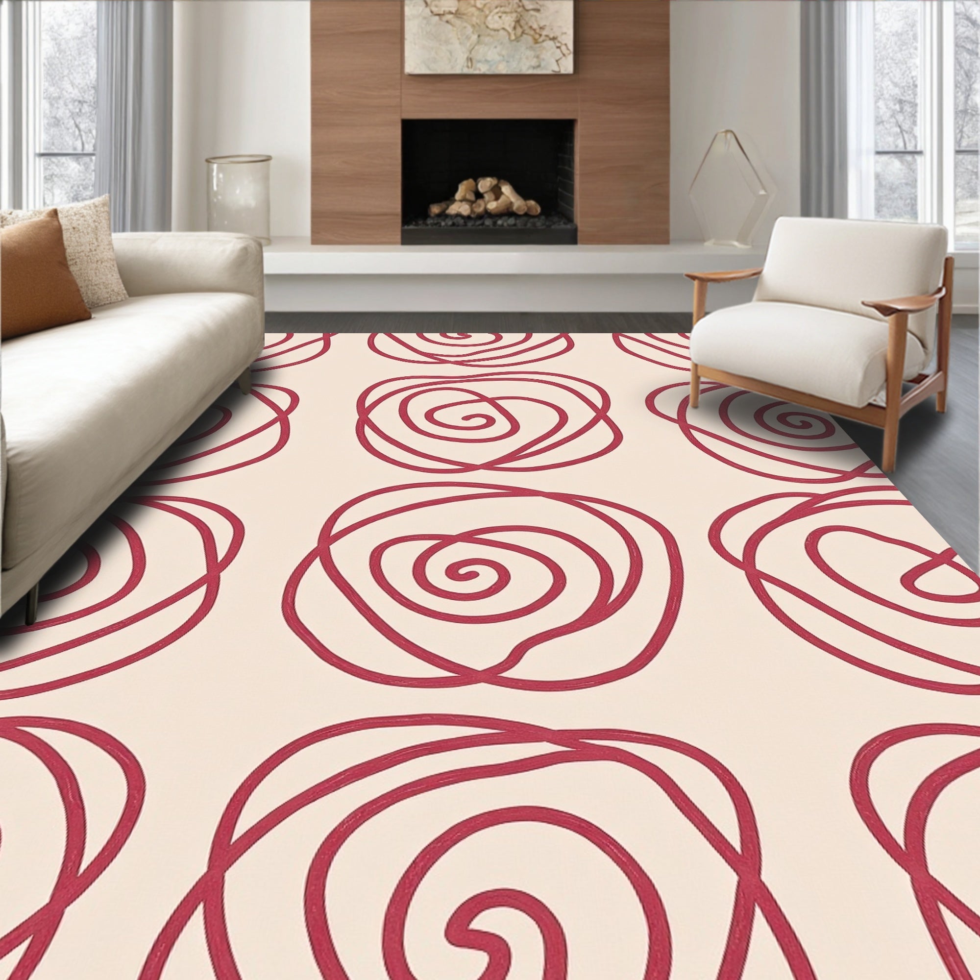Crimson Abstract Rose Swirl Rug
