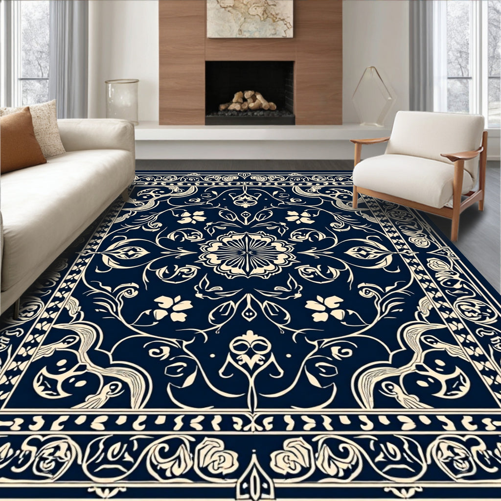 Elegant Floral Swirl Cream Navy Rug