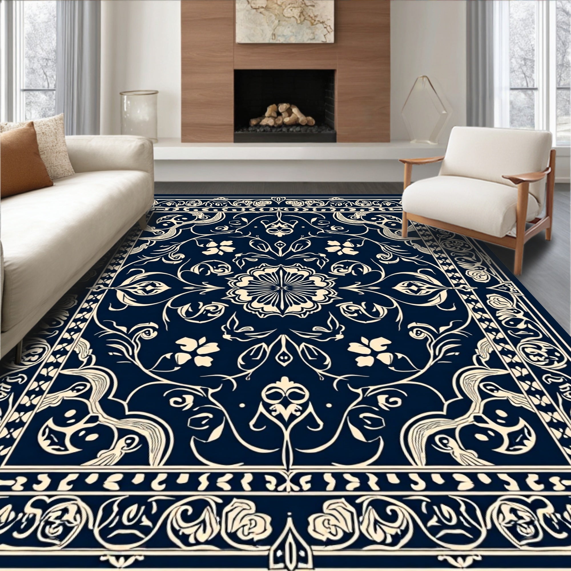 Elegant Floral Swirl Cream Navy Rug