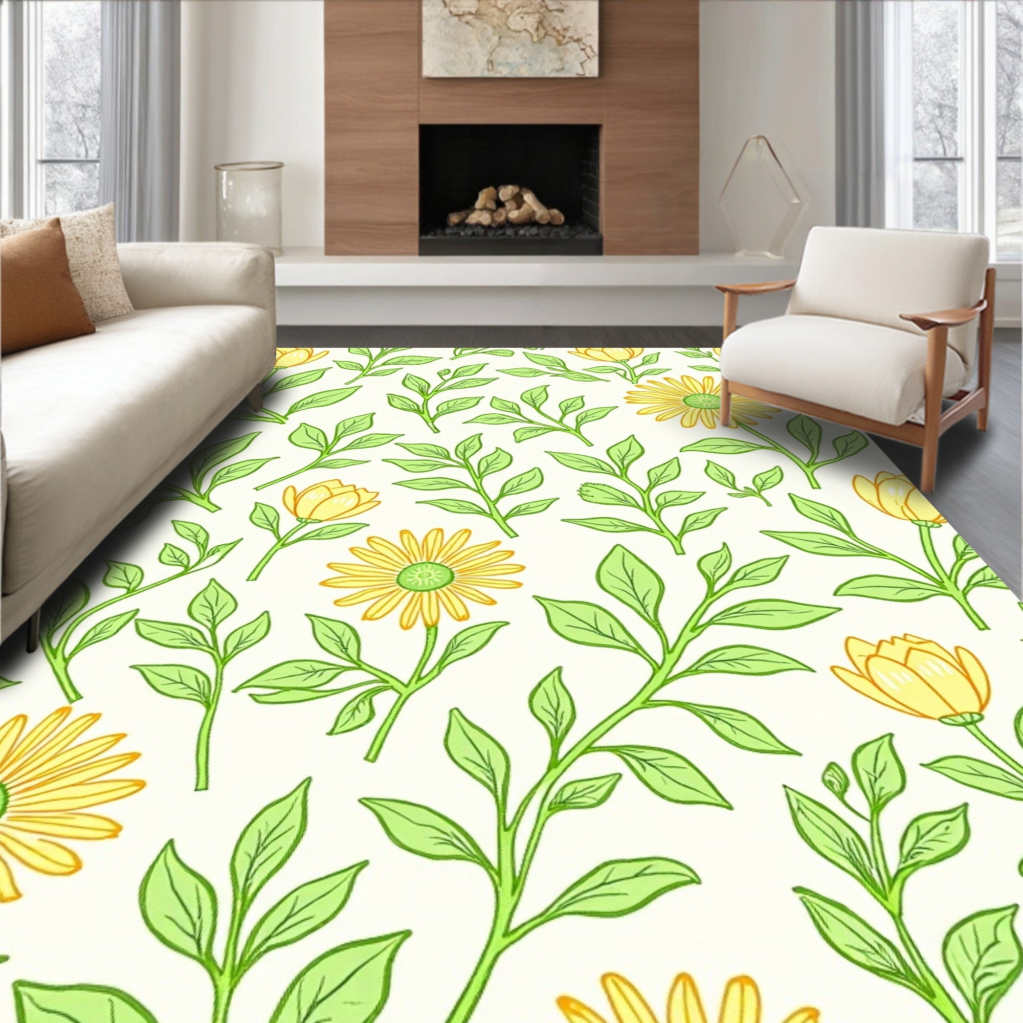 Yellow Daisy Botanical Illustration Rug