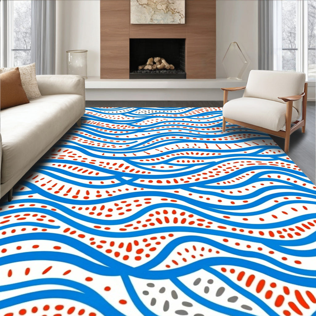 Wavy Blue And Red Speckled Pattern Rug