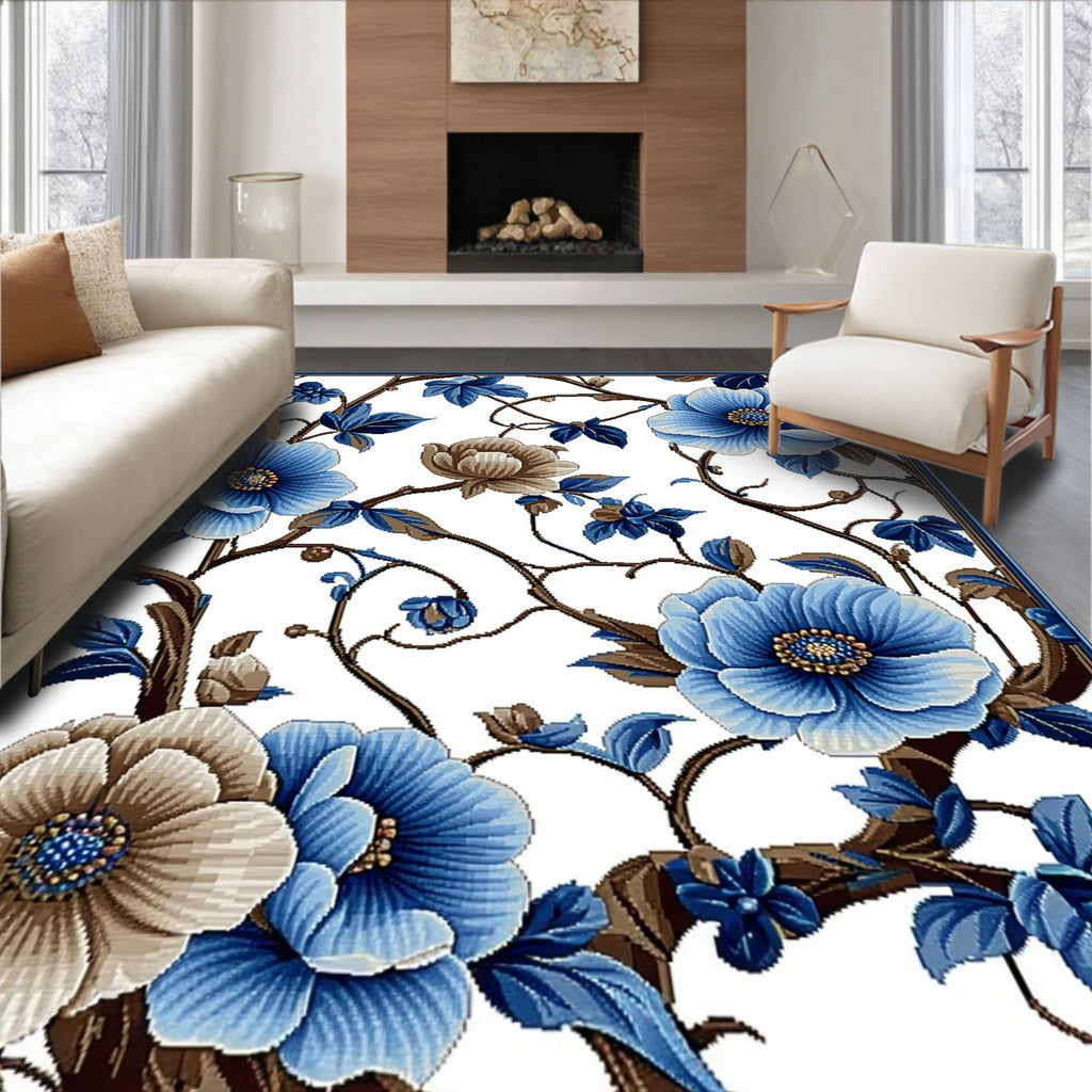 Elegant Blue Floral Vine Pattern Rug