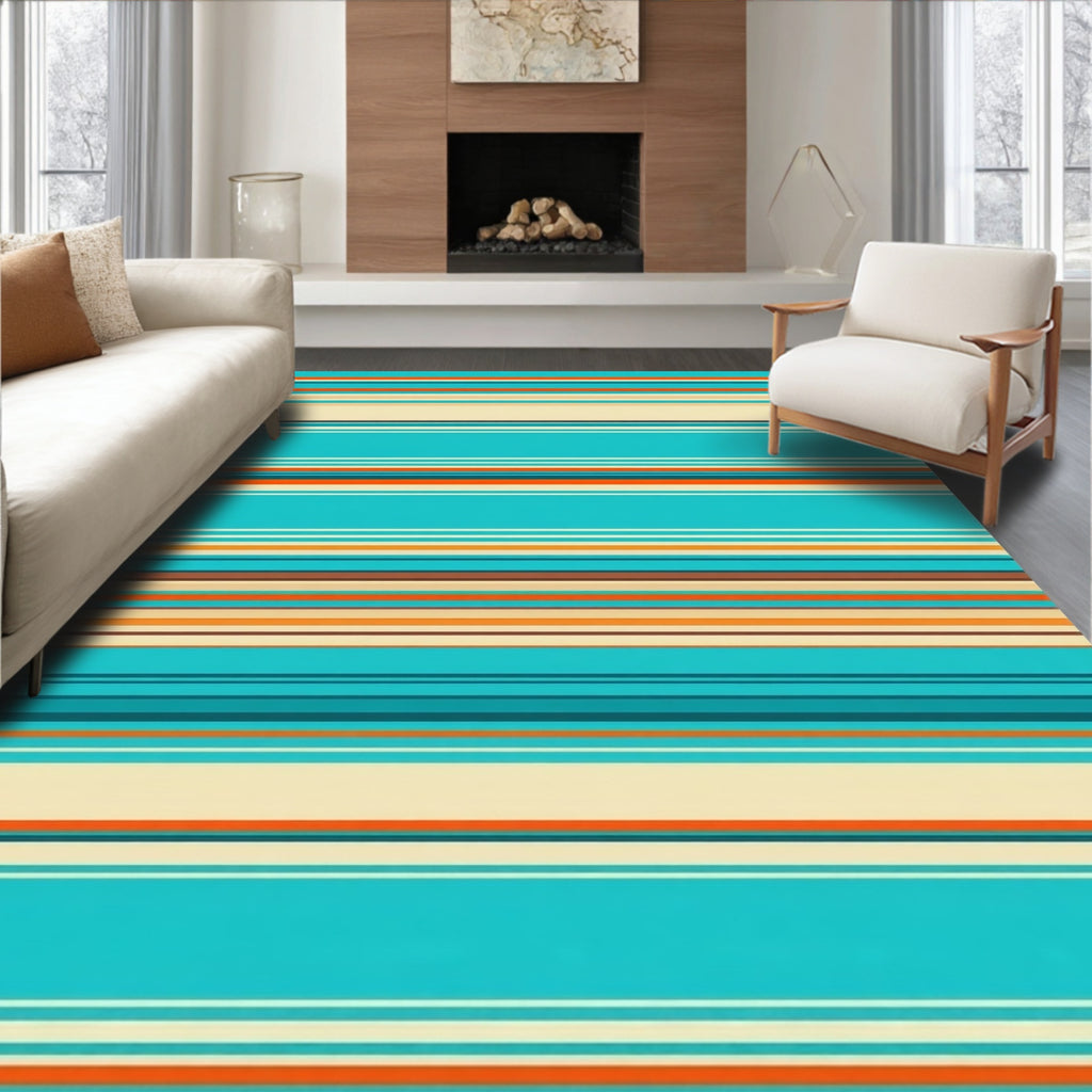 Striped Blue Orange Tan Design Rug
