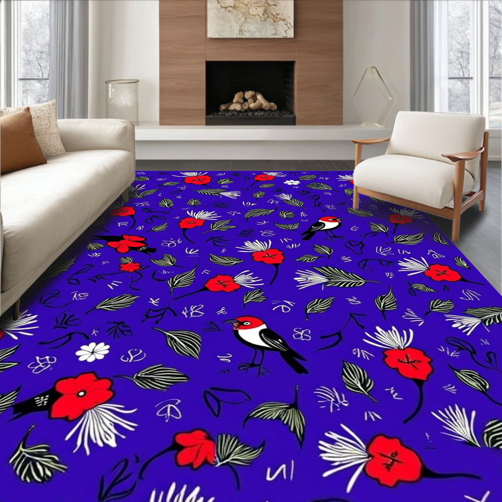 Red Floral With Birds Pattern Rug