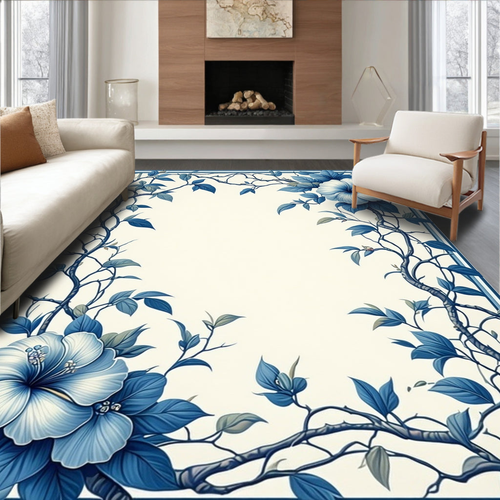 Vibrant Blue Floral Vine Pattern Rug