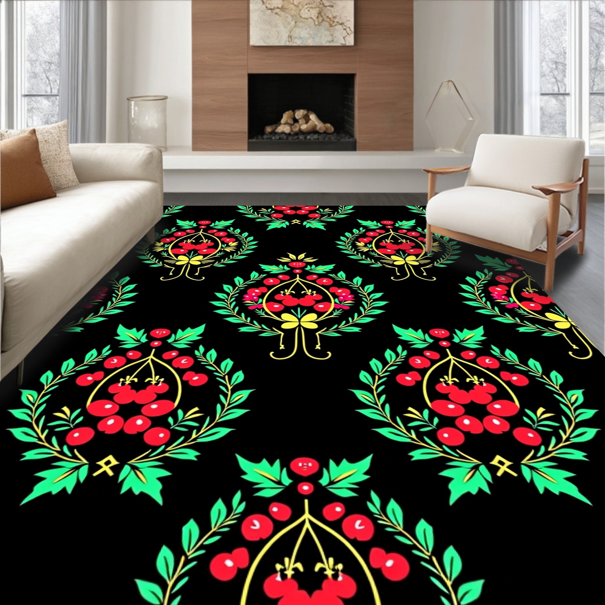 Folk Red Cherry Laurel Swag Rug