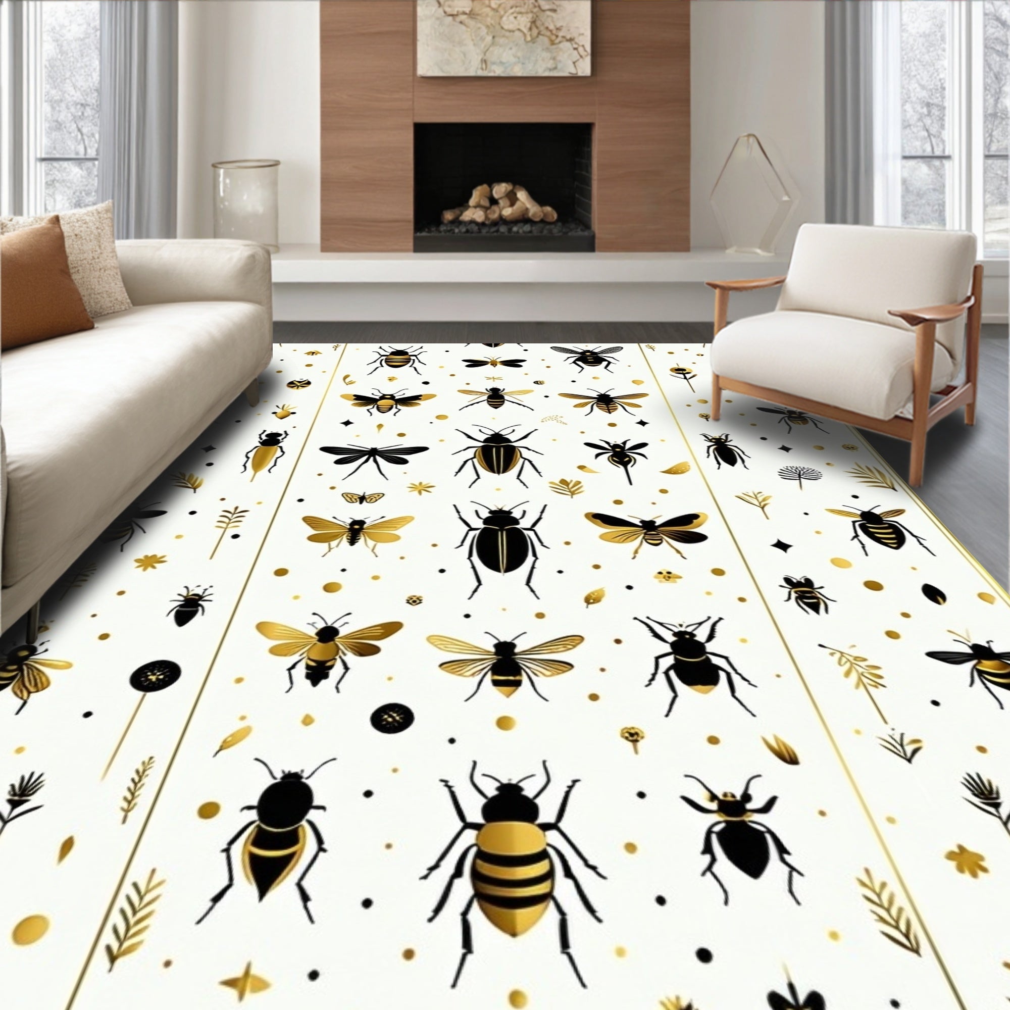 Gold Black Insect Pattern Design Rug