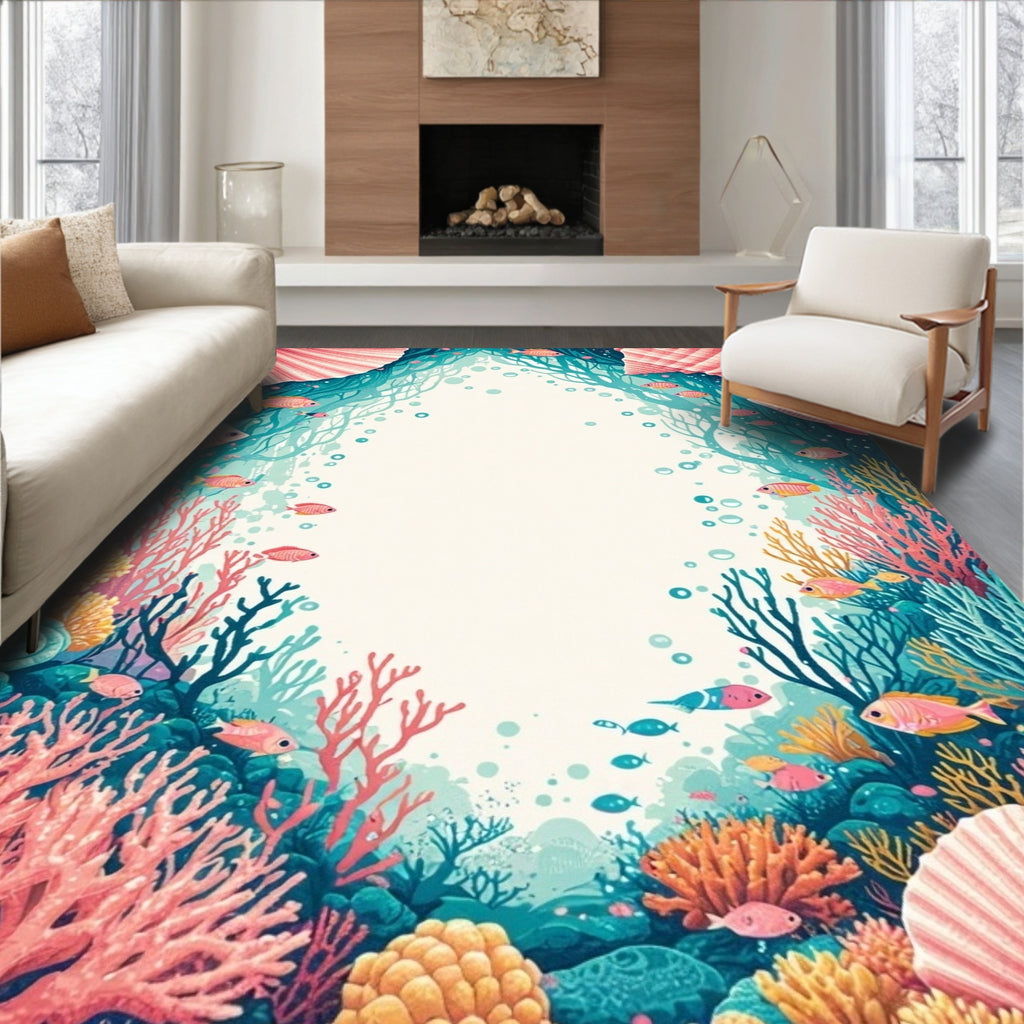 Coral Fish Seashells Underwater Scene Rug