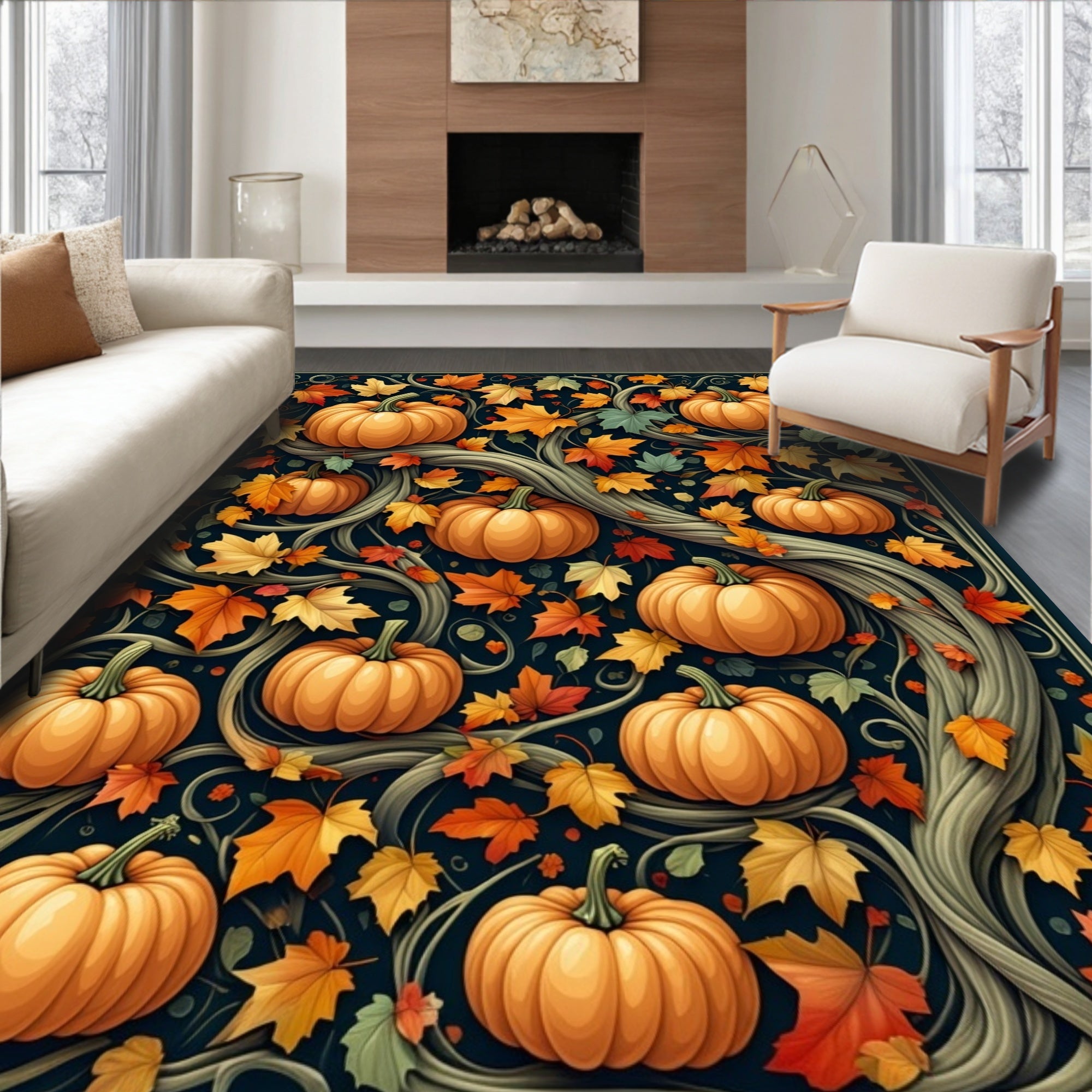 Autumn Harvest Pumpkin Leaf Vine Rug