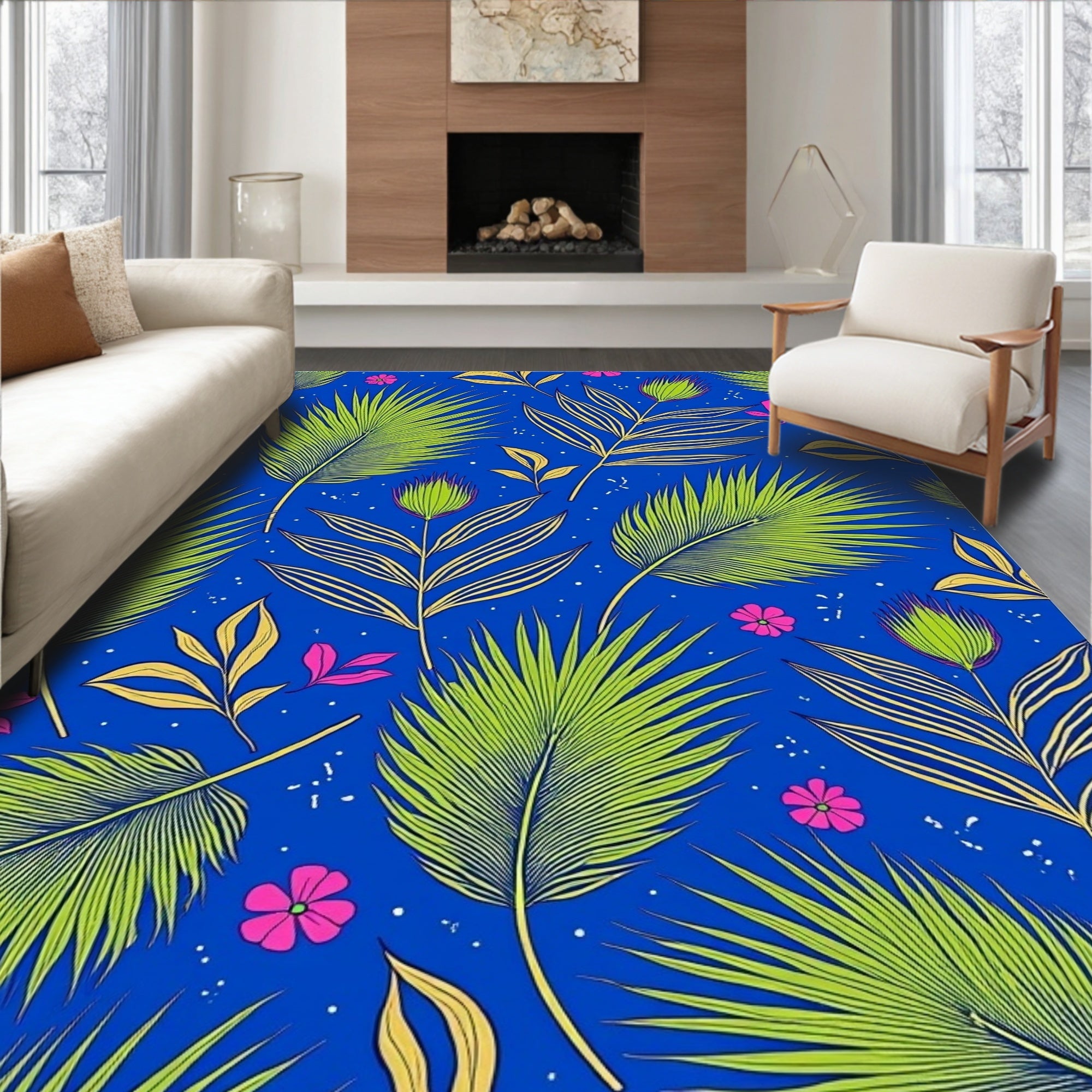 Vibrant Tropical Leaf Floral Design Rug