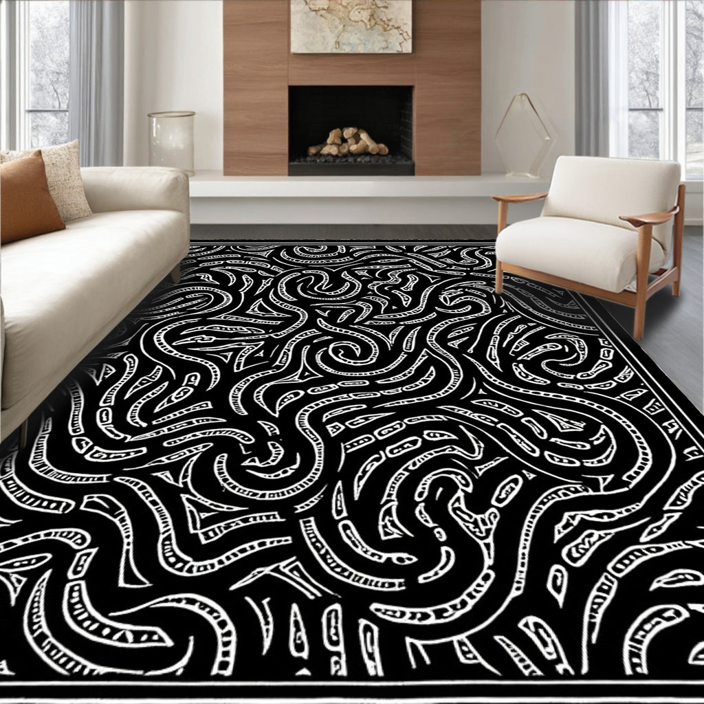 Abstract Woven Organic Black White Design Rug