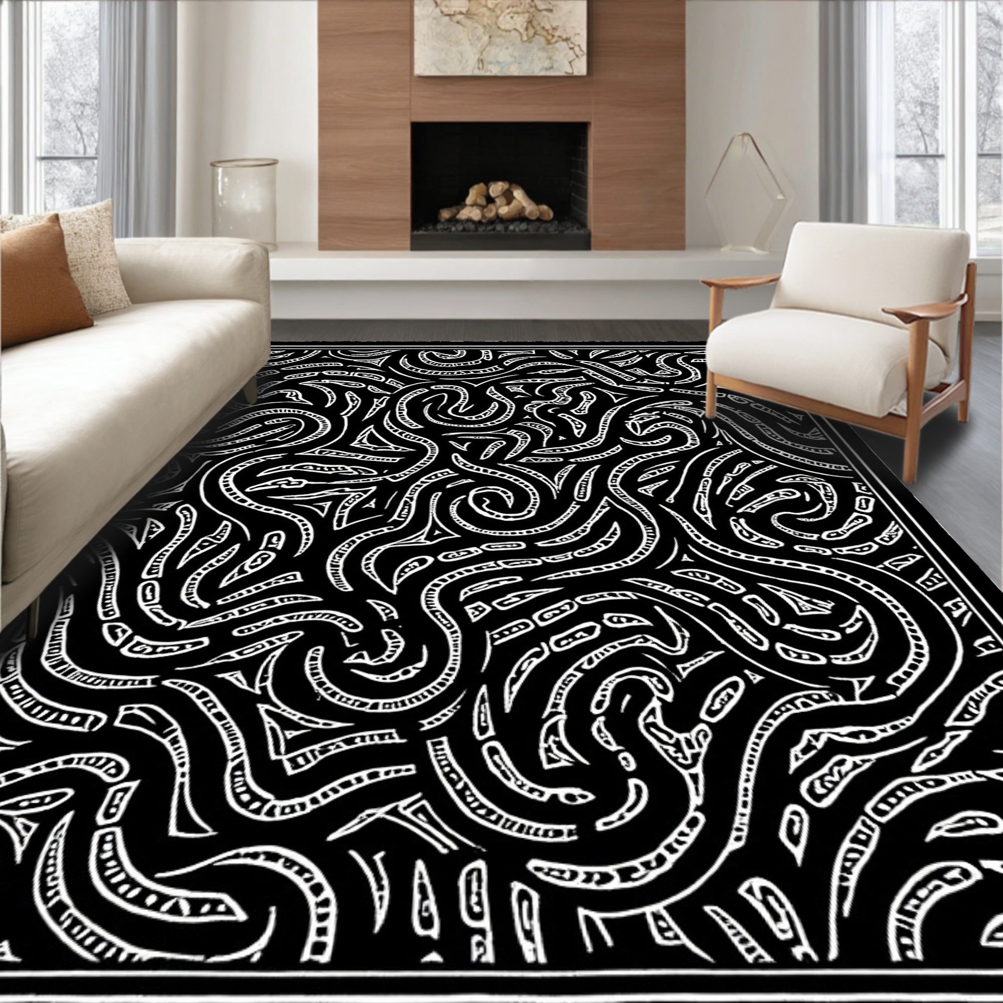 Abstract Woven Organic Black White Design Rug
