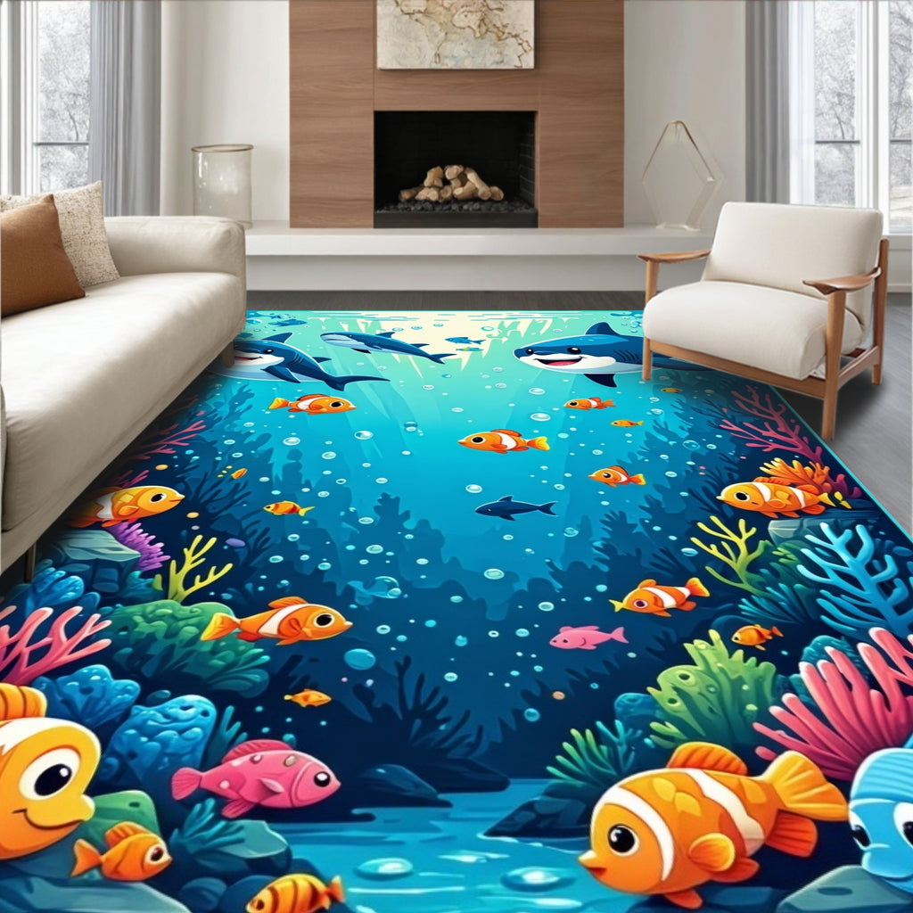 Cute Shark And Fish Underwater Scene Rug