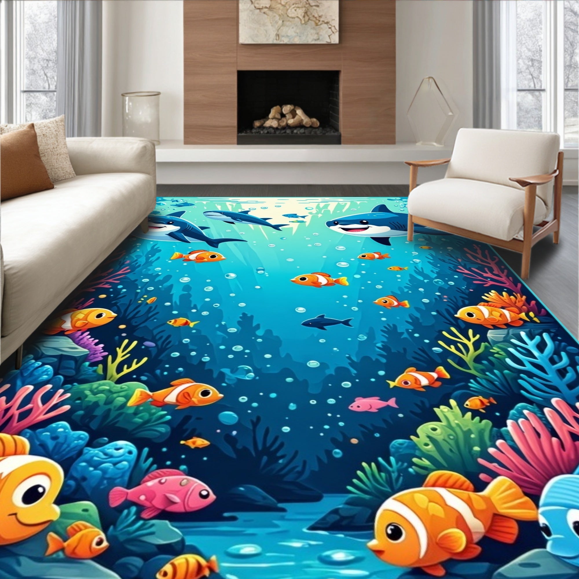 Cute Shark And Fish Underwater Scene Rug