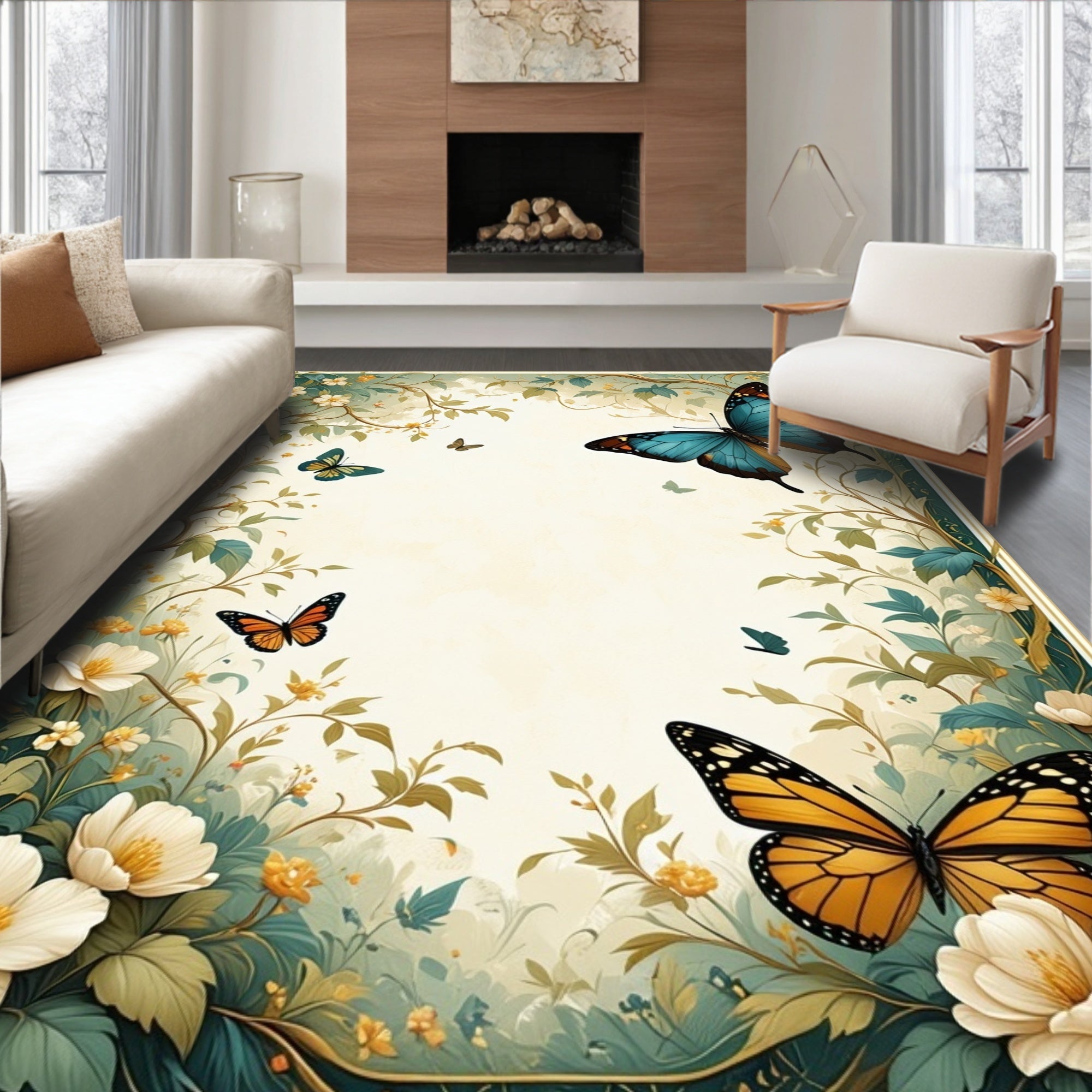 Whimsical Butterfly Floral Garden Design Rug
