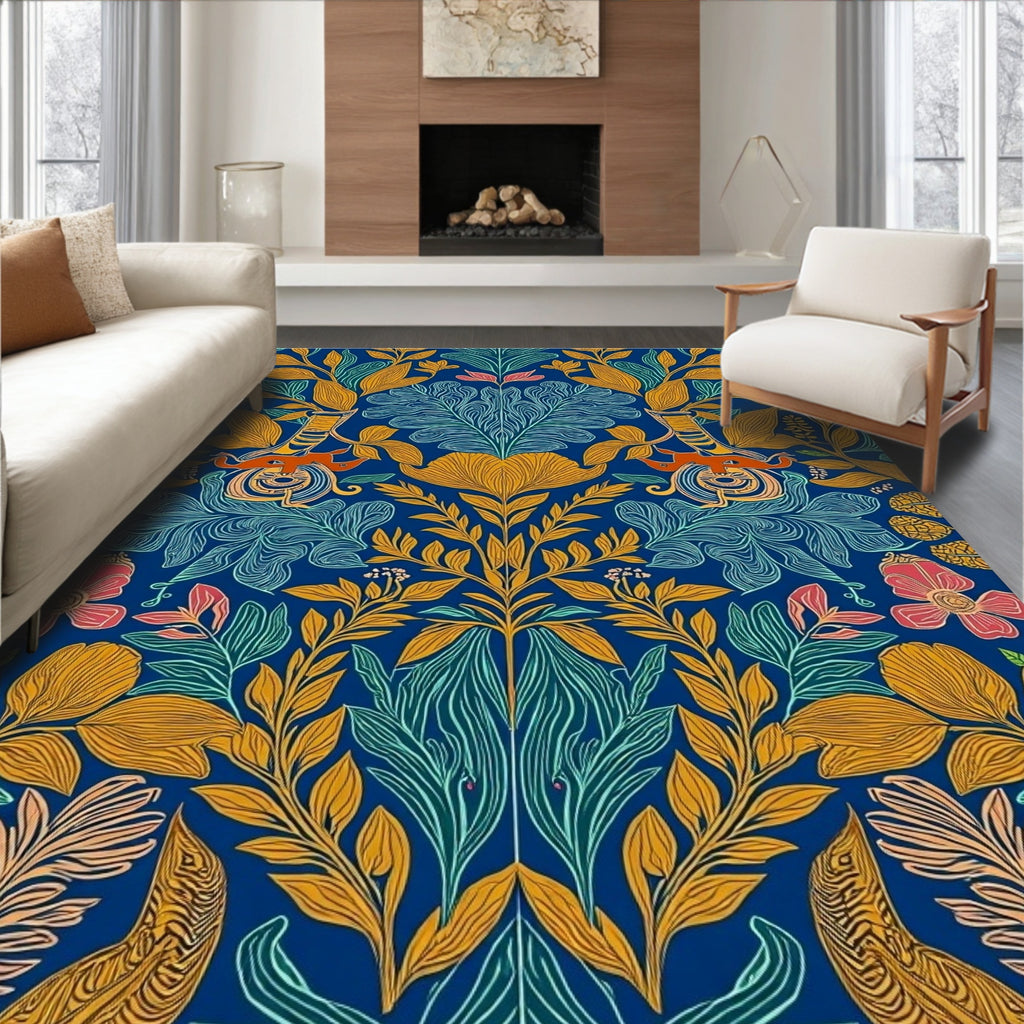 Intricate Floral Pattern Blue Rug