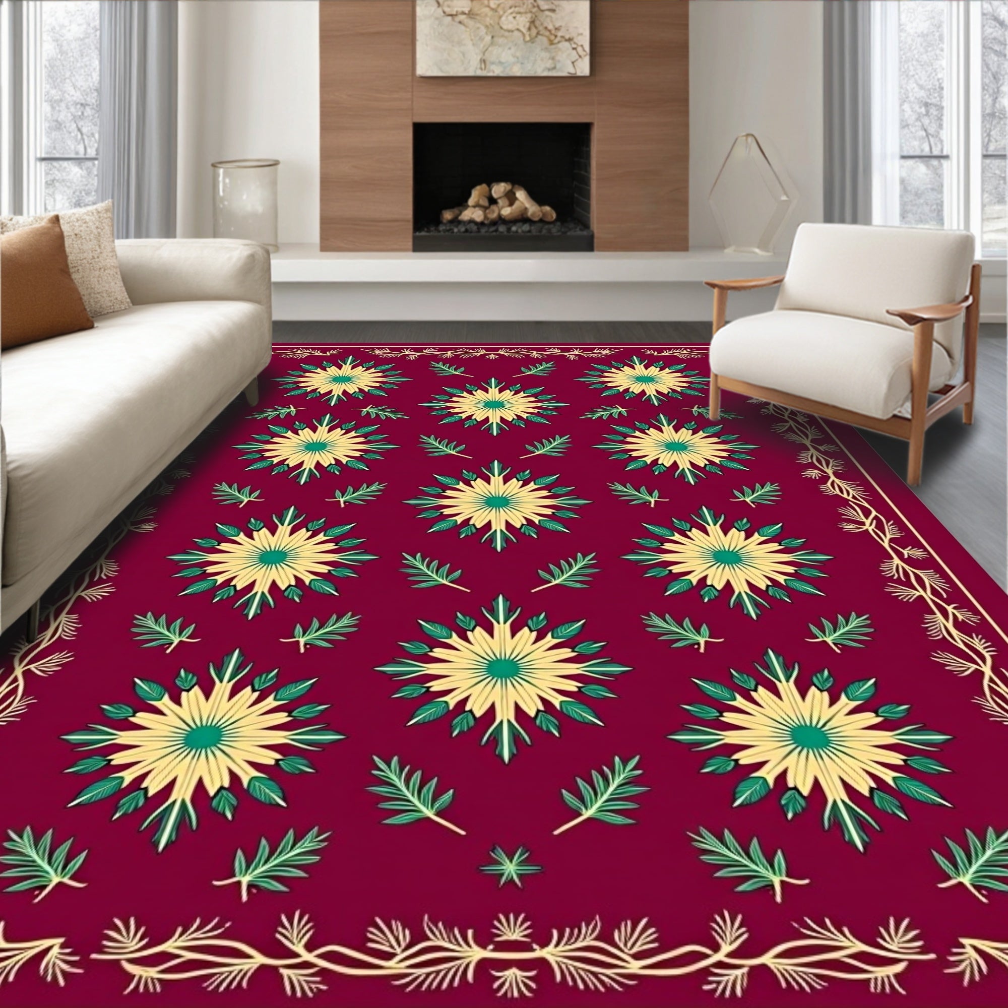 Crimson Floral Bloom Border Rug