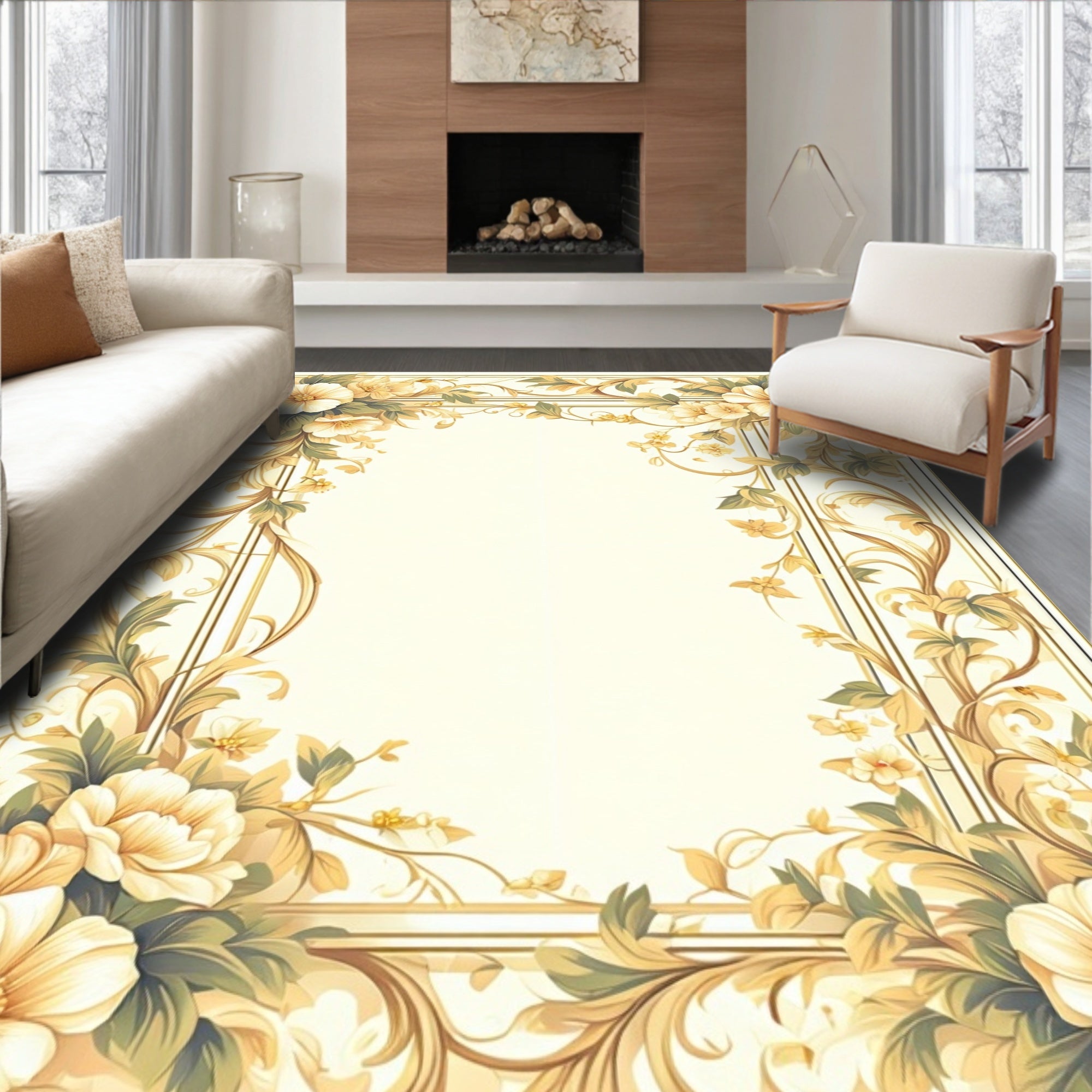 Gold Floral Scrollwork Vintage Rug