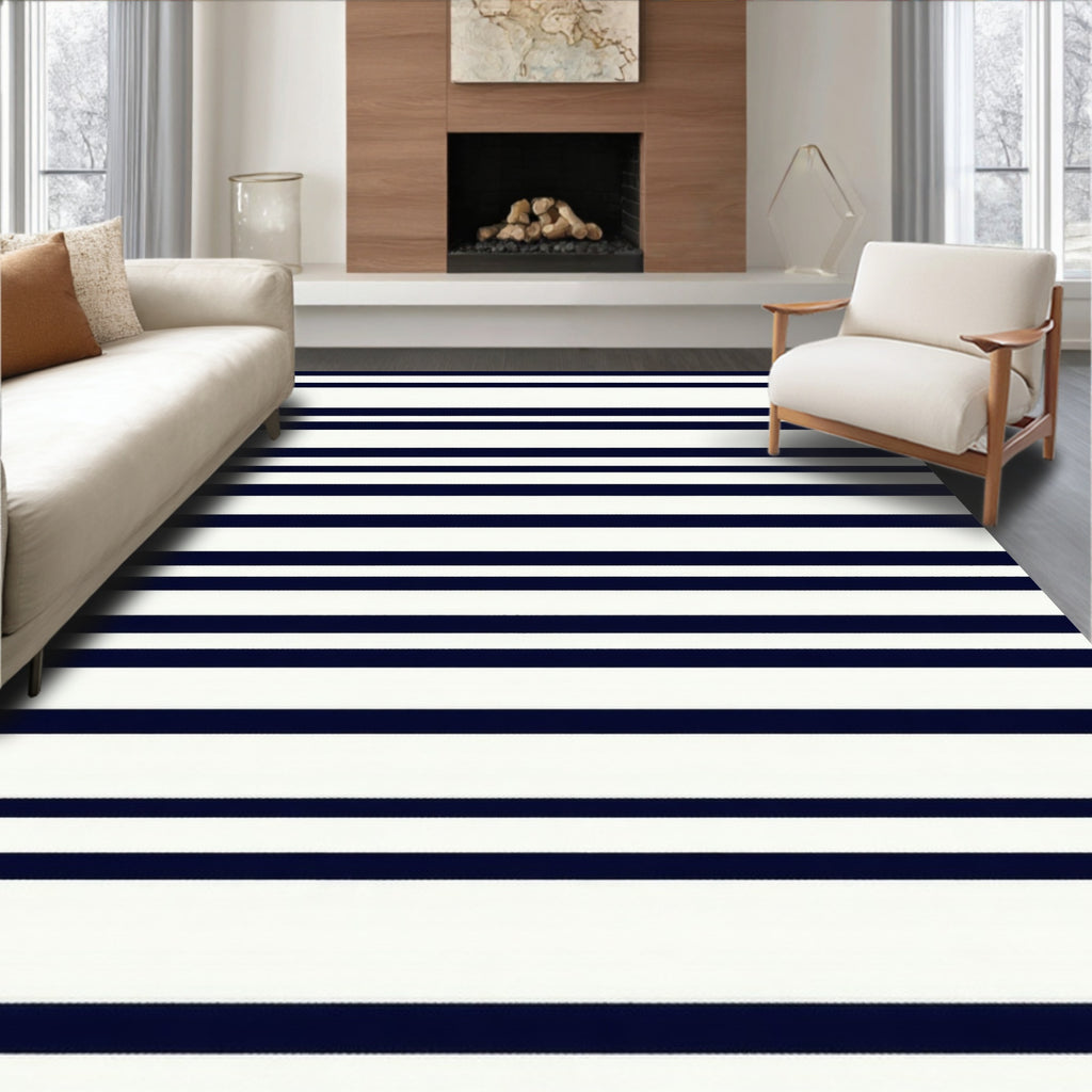 Classic Navy And White Stripes Rug