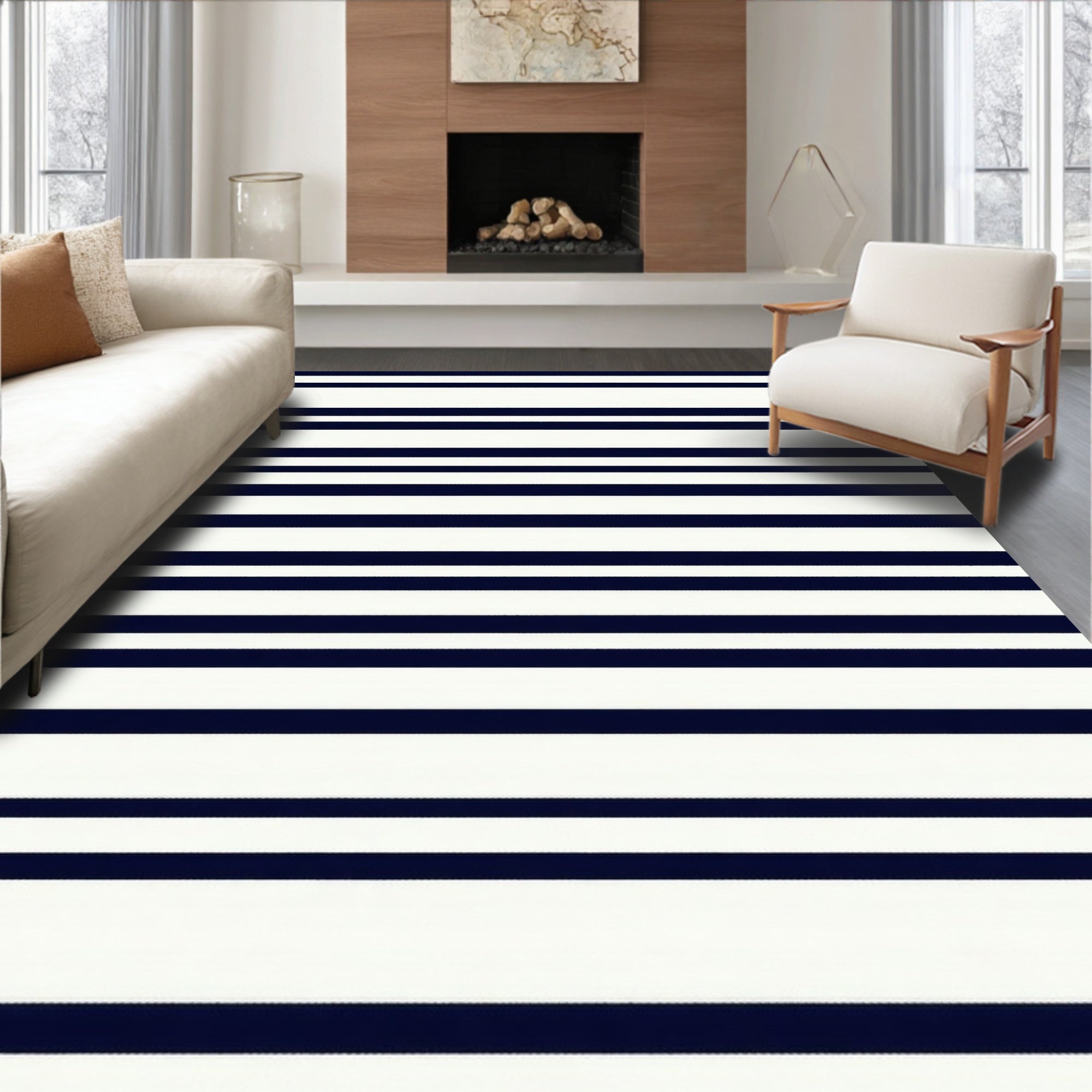 Classic Navy And White Stripes Rug
