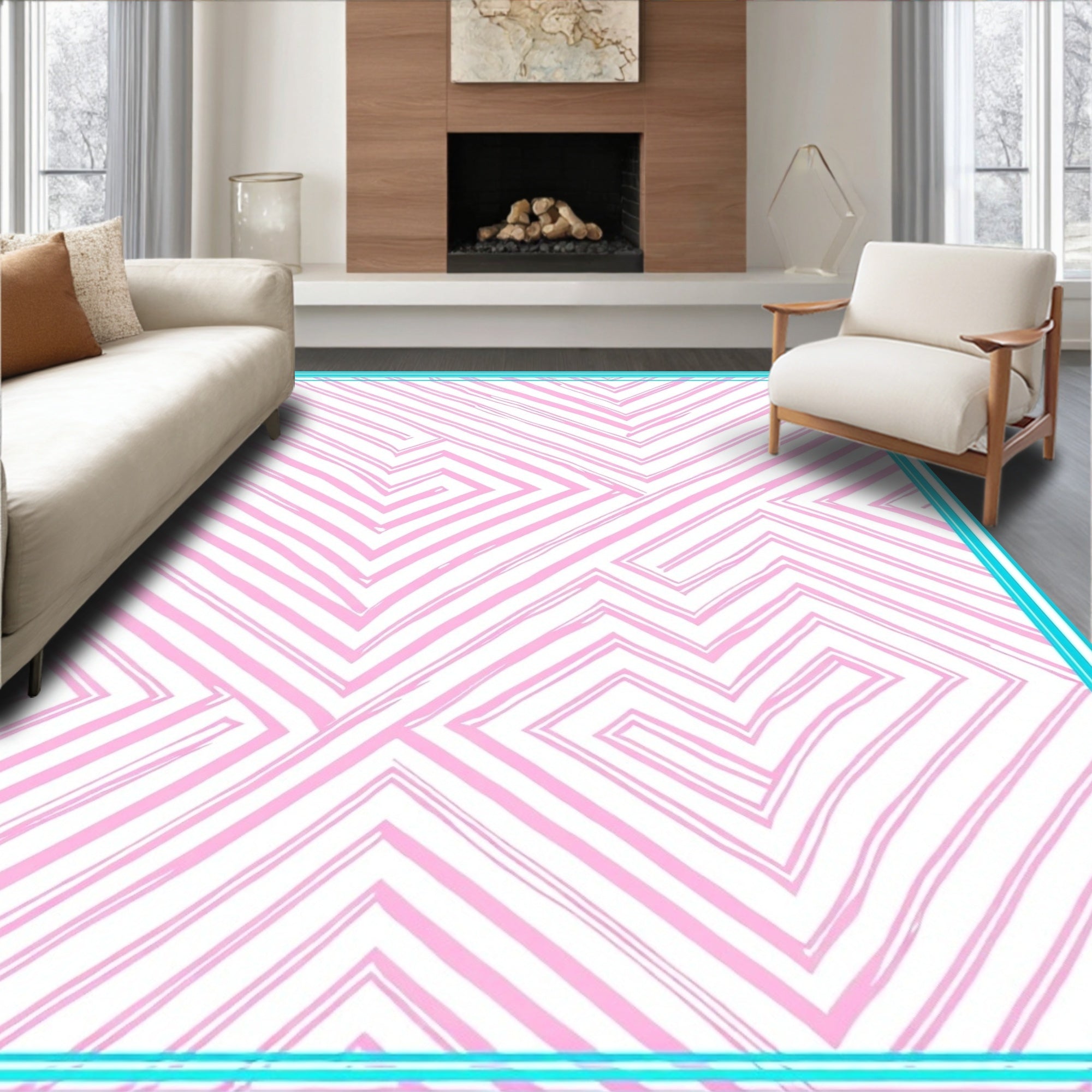 Pink Geometric Lines Design Rug