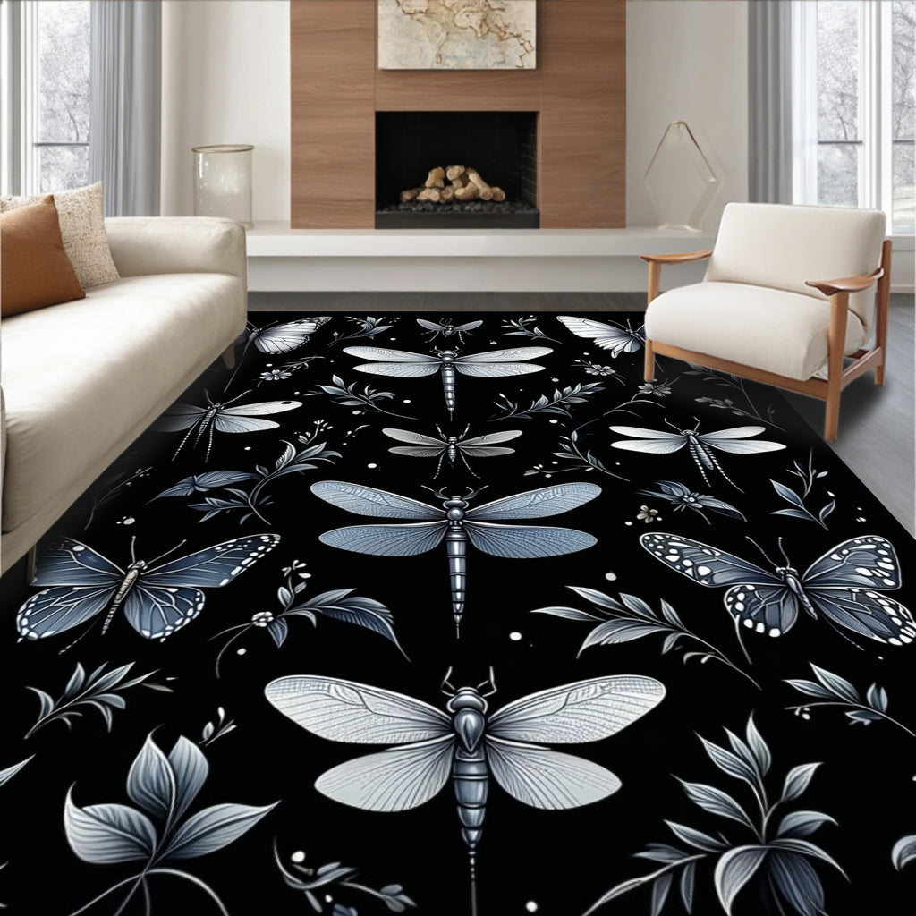 Nature Butterfly Dragonfly Floral Pattern Rug