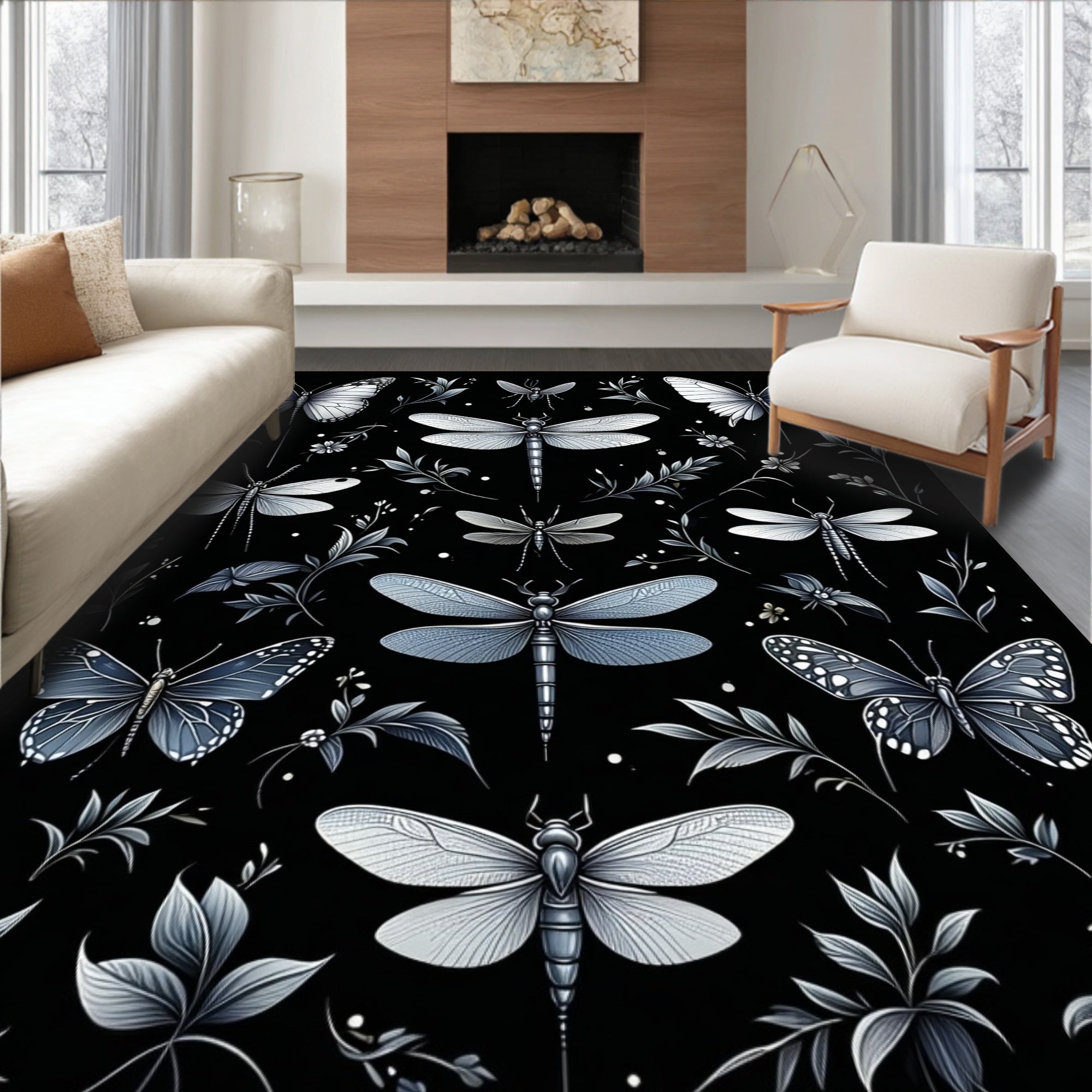 Nature Butterfly Dragonfly Floral Pattern Rug