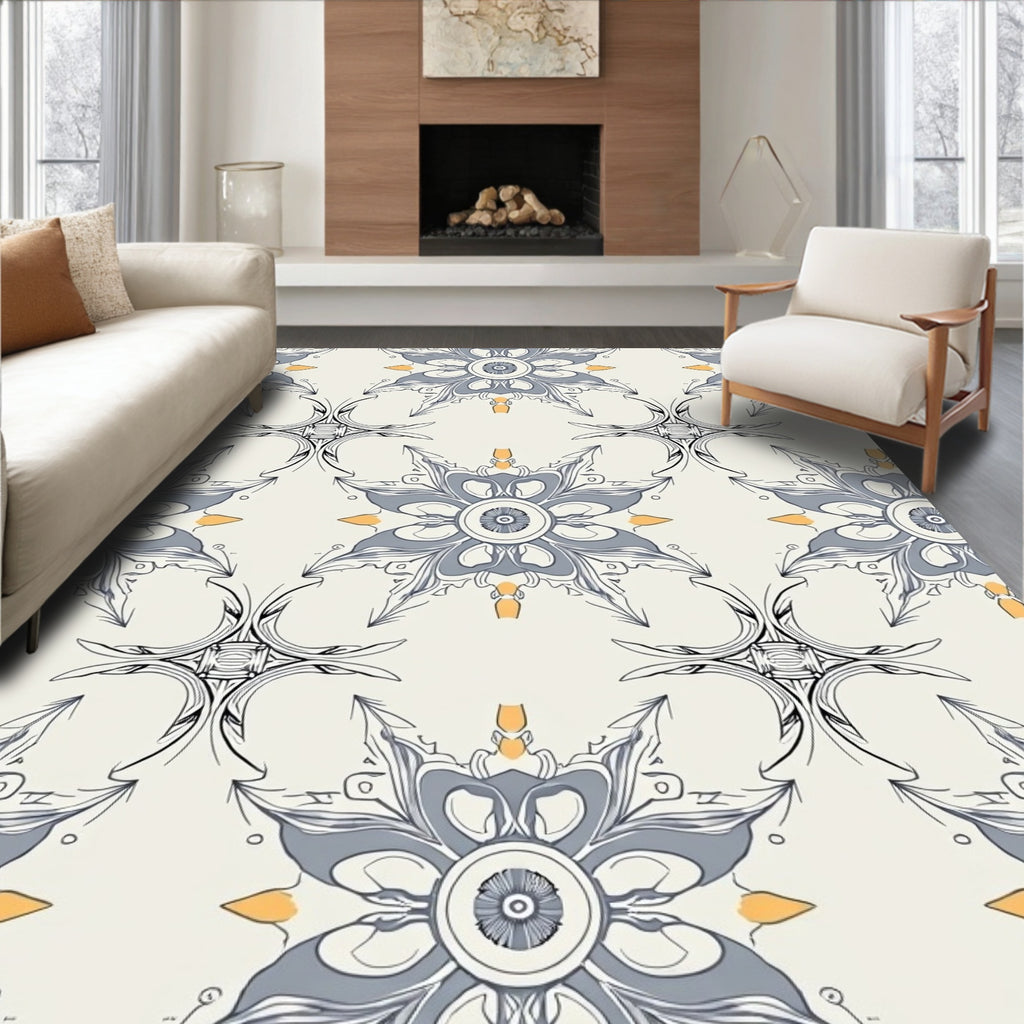 Grey Blue Floral Abstract Tile Design Rug