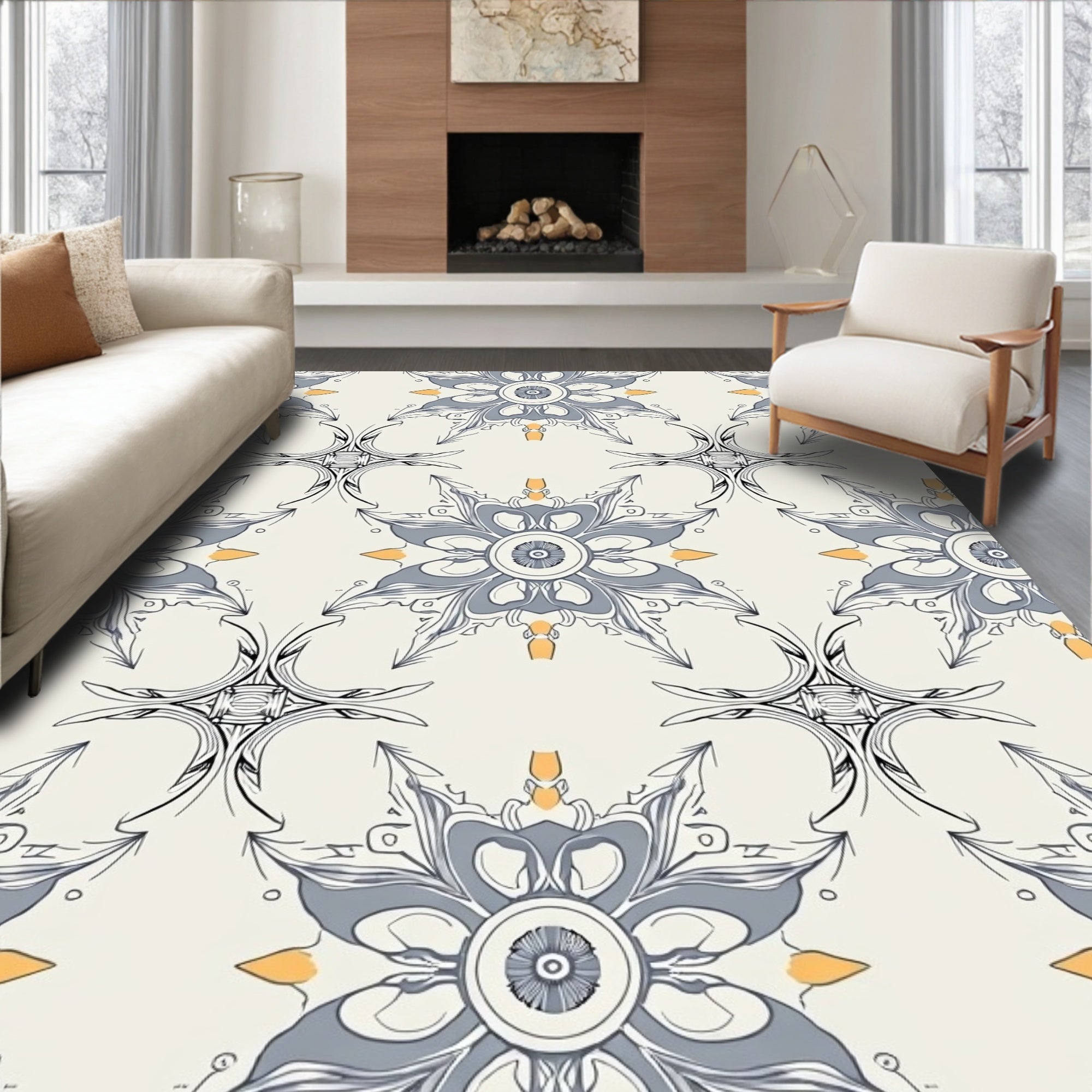 Grey Blue Floral Abstract Tile Design Rug