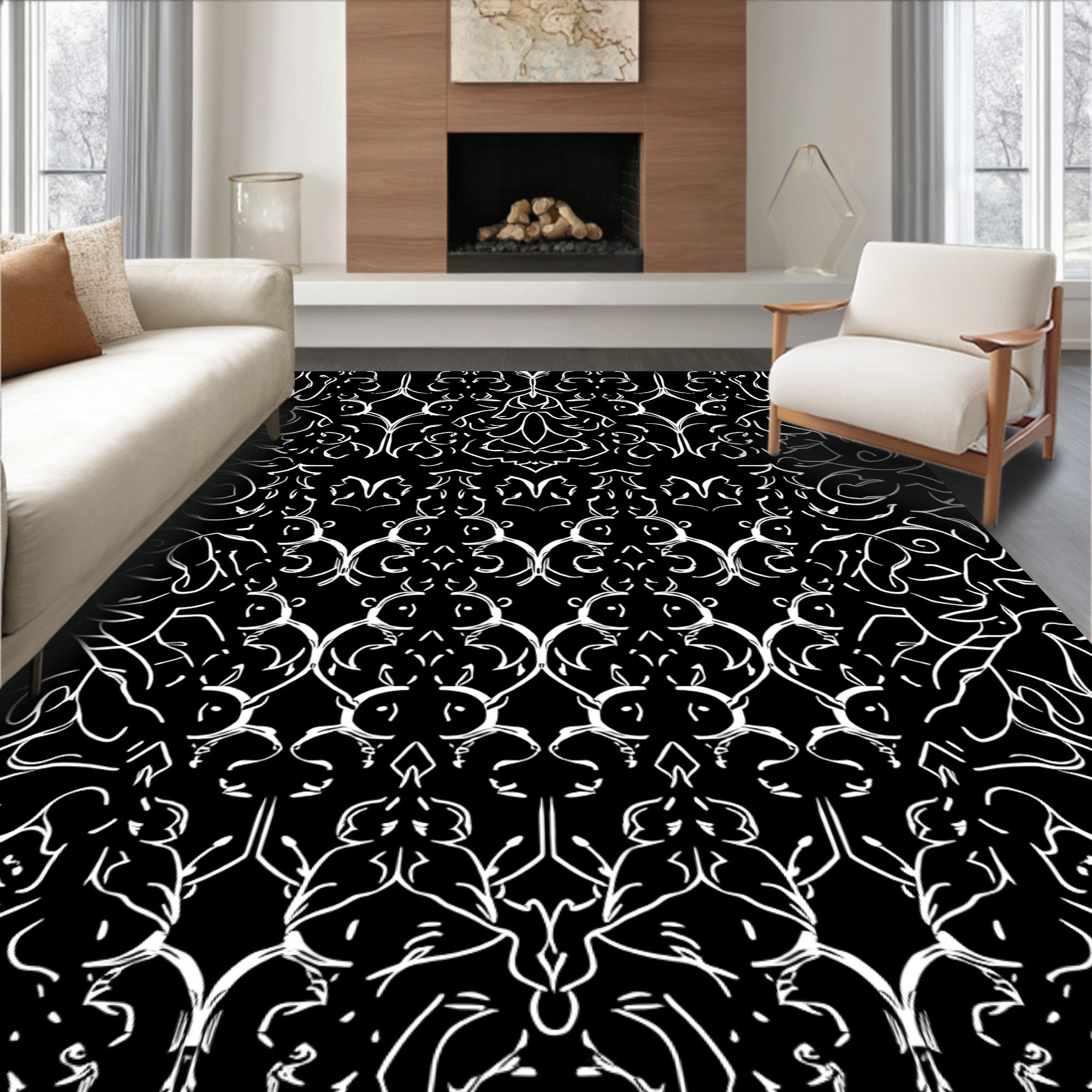 Abstract White Swirls Damask Pattern Rug