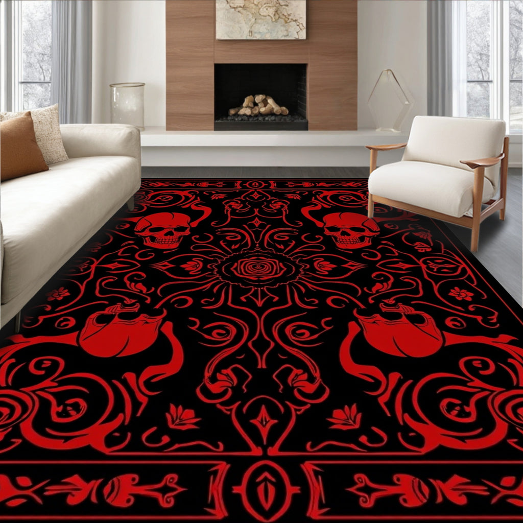 Red Skull Rose Baroque Rug
